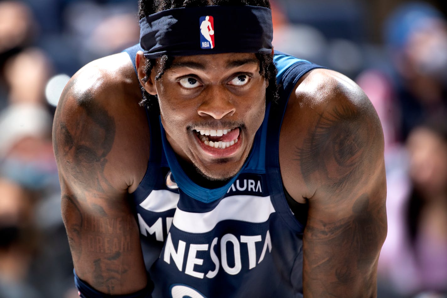 Jarred Vanderbilt (8) of the Minnesota Timberwolves stands on the line during Utah Jazz free throws in the second quarter Sunday, Jan. 30, at Target Center in Minneapolis, Minn. ] CARLOS GONZALEZ • cgonzalez@startribune.com