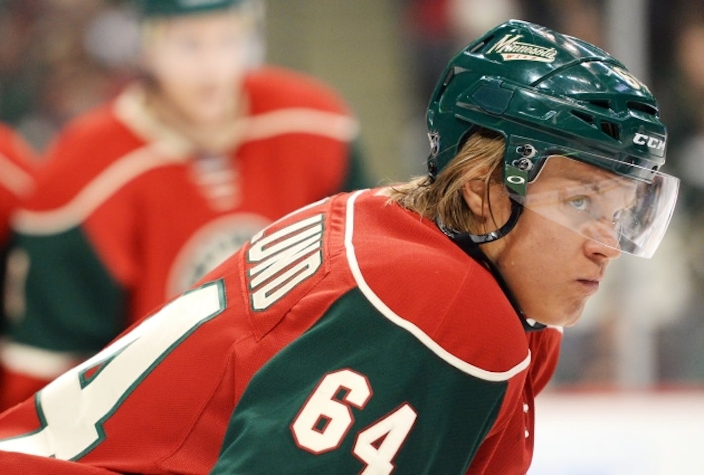 Minnesota Wild center Mikael Granlund (64) looked on in frustration while preparing for a face off in Minnesota's zone in the second period Saturday.   ] (AARON LAVINSKY/STAR TRIBUNE) aaron.lavinsky@startribune.com  The Minnesota Wild played the Boston Bruins on Saturday, Feb. 13, 2016 at Xcel Energy Center in St. Paul, Minn.