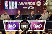 Shaquille O'Neal, from left, Ernie Johnson, Kenny Smith and Charles Barkley speak at the NBA Awards on Monday, June 25, 2018, at the Barker Hangar in 