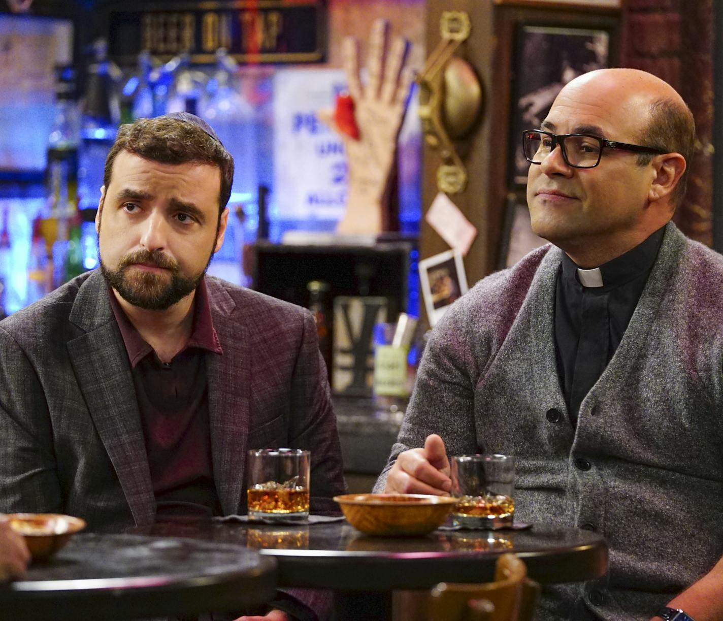 "Love Thy Neighbor" -- AAfter several sleepless nights due to loud neighbors, Chip asks Rabbi Gil and Father Gene for advice on loving thy neighbor, on LIVING BIBLICALLY, Monday, March 12 (9:30-10:00 PM, ET/PT) on the CBS Television Network. Pictured L-R: David Krumholtz as Rabbi Gil and Ian Gomez as Father Gene Photo: Sonja Flemming/CBS &#x221a;?&#xac;&#xa9;2017 CBS Broadcasting, Inc. All Rights Reserved