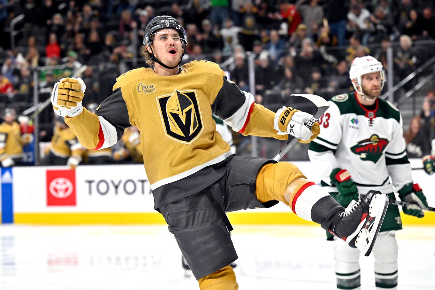 Vegas Golden Knights center Brett Howden reacts after scoring a goal against the Wild during the second period Saturday