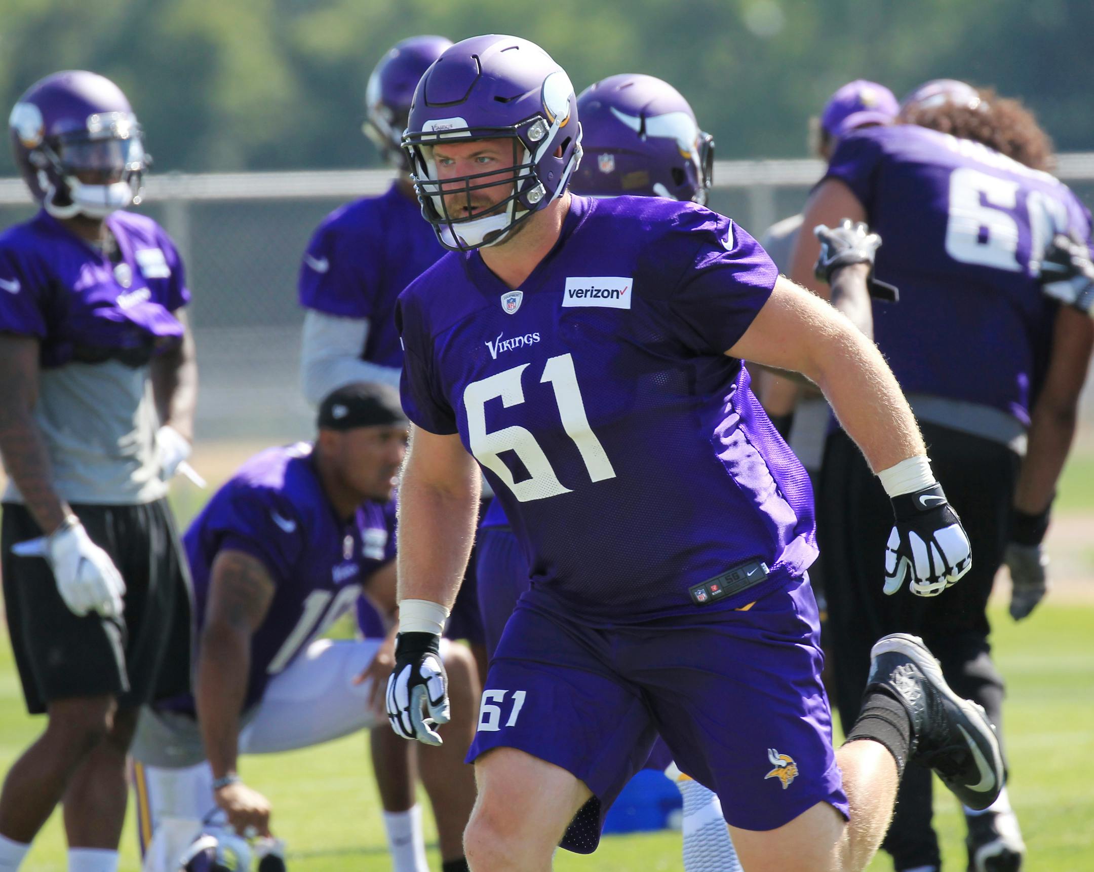 Minnesota Vikings center Joe Berger (61) runs during an NFL football training camp Thursday, July 27, 2017, in Mankato, Minn. (AP Photo/Andy Clayton-King)