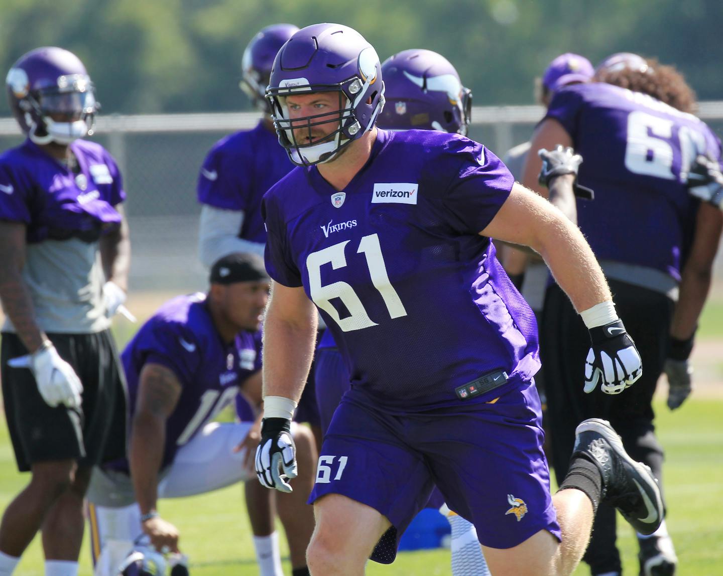 Minnesota Vikings center Joe Berger (61) runs during an NFL football training camp Thursday, July 27, 2017, in Mankato, Minn. (AP Photo/Andy Clayton-King)