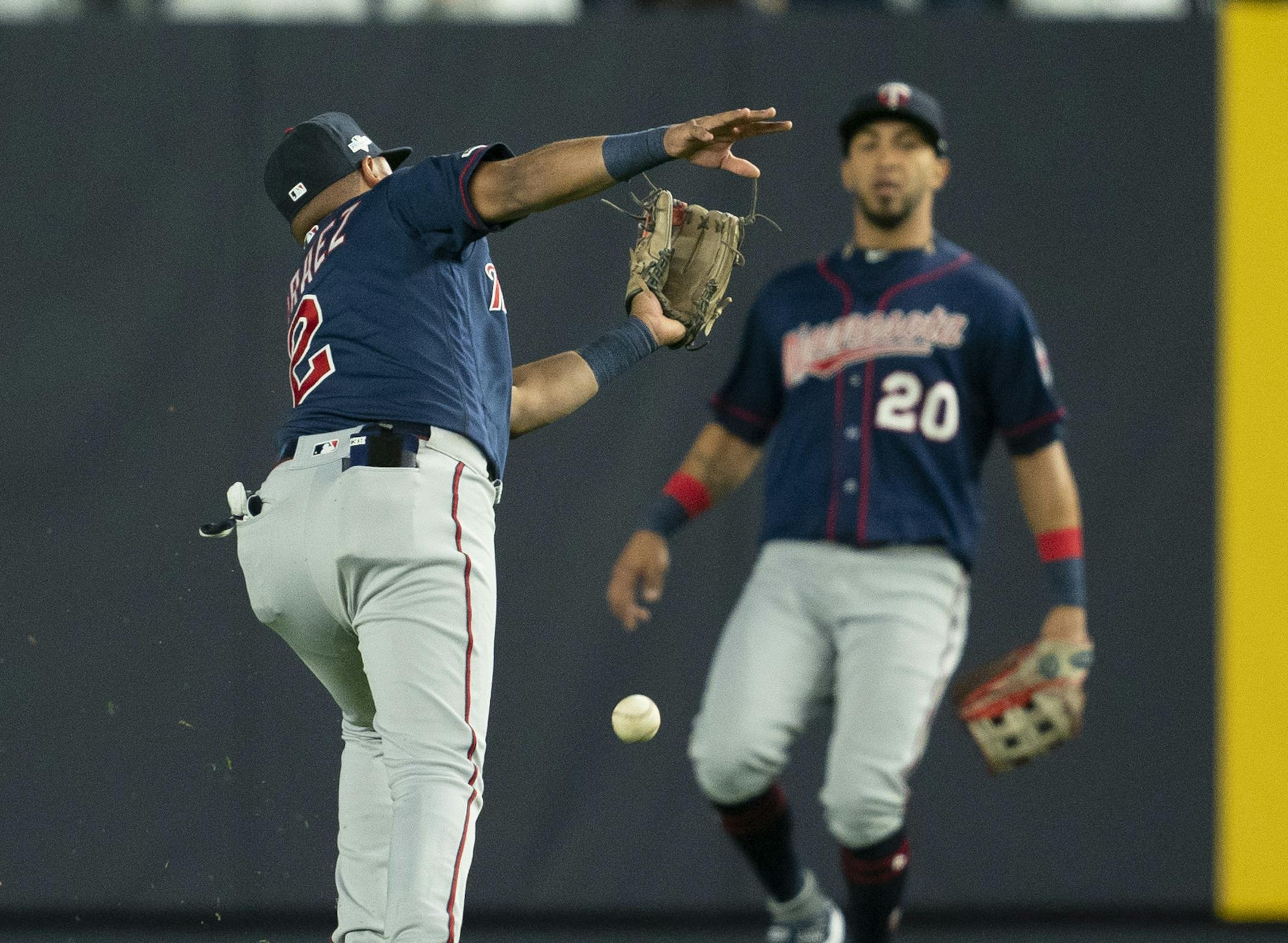 Minnesota Twins second baseman Luis Arraez (2) missed a fly ball by New York Yankees first baseman DJ LeMahieu in the third innnig. LeMahieu later scored. ] JEFF WHEELER &#x2022; jeff.wheeler@startribune.com The Minnesota Twins faced the New York Yankees in Game 1 of their ALDS Friday night, October 4, 2019 at Yankee Stadium in New York.