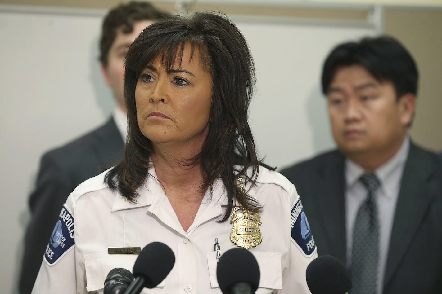 FILE - In this March 30, 2016, file photo, Minneapolis Police Chief Janee Harteau speaks at a news conference, in Minneapolis. In an interview aired Wednesday, Aug. 9, 2017, the former police chief said that she did everything she could to rush home from a hiking trip in Colorado last month after one of her officers killed an Australian woman who had called 911 to report a possible sexual assault. It was her first interview since her resignation. (Elizabeth Flores /Star Tribune via AP, File)