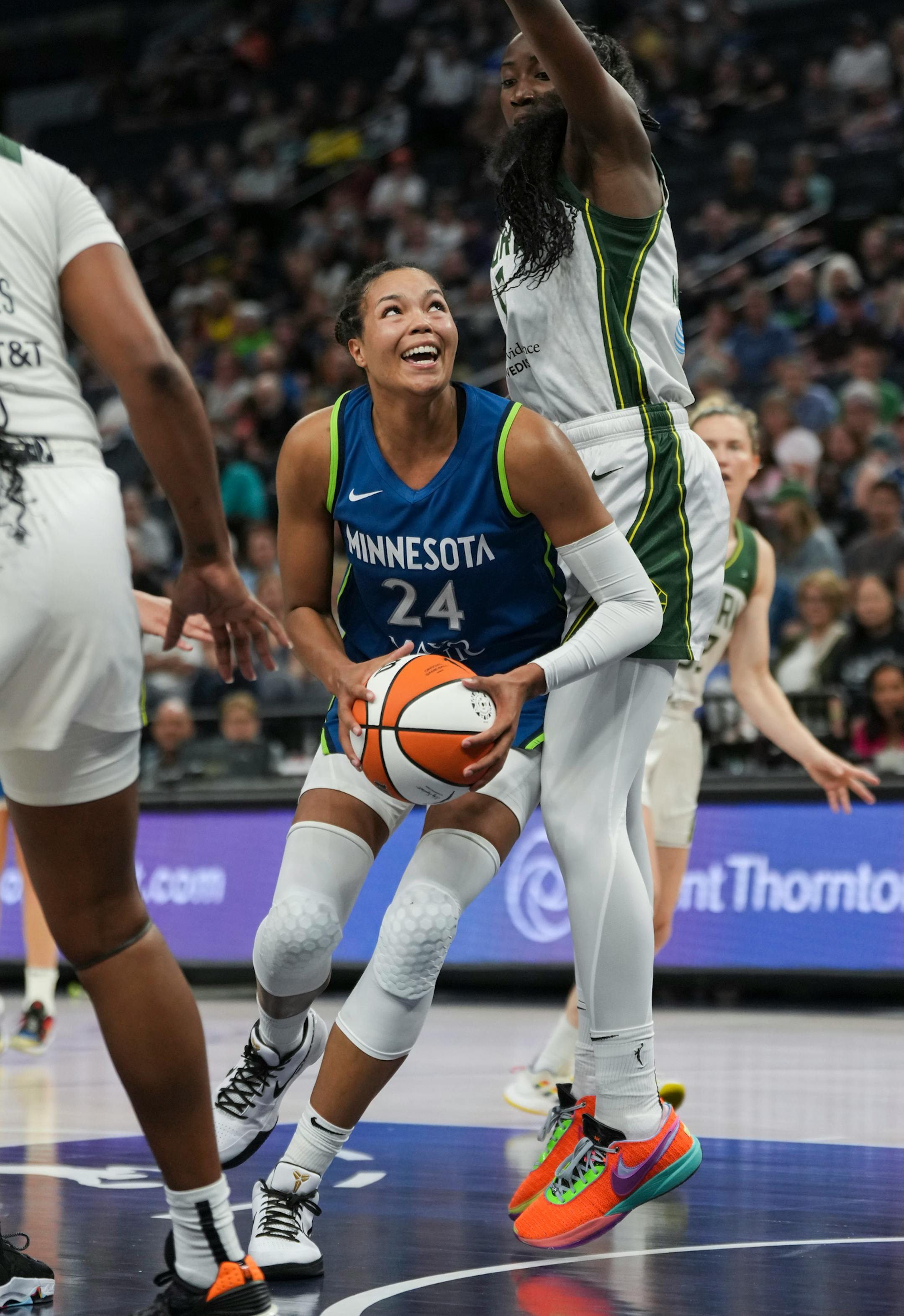 Minnesota Lynx forward Napheesa Collier (24) winds up for a shot in the second half. Collier scored 33 points in the game. The Minnesota Lynx defeated the Seattle Storm 104-93 on Tuesday, June 27, 2023 at the Target Center in Minneapolis.