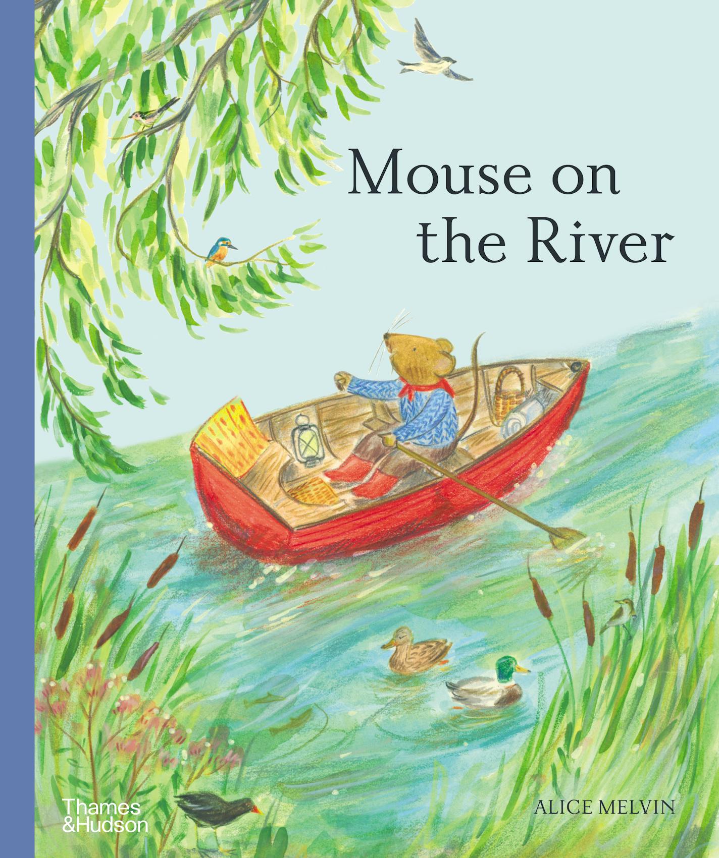 cover of "Mouse on the River" is a drawing of a mouse rowing a rowboat