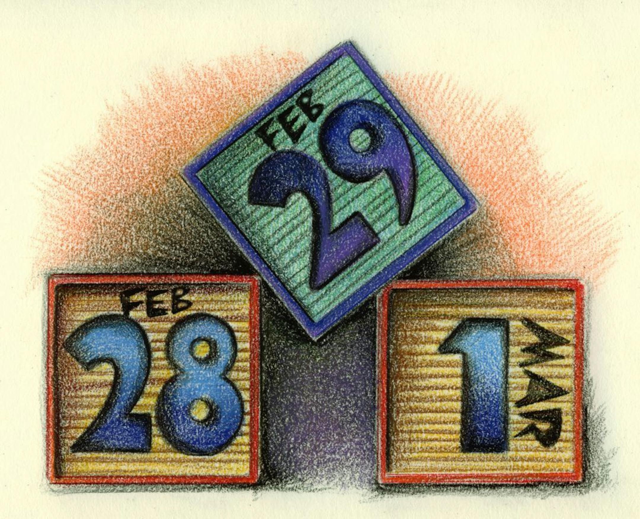 300 dpi Lee Hulteng color illustration of leap year building blocks. MCT 2008<p> krtcampus campus, krtnews, krtworld world, krt, mctillustration, krtworldnews, drawing, 28, 29, calendar, WEA, clock, date, earth, february, globe, leap year, orbit, planet, spring, sun, time, watch, world, year, krt mct, hulteng, 2008, krt2008,