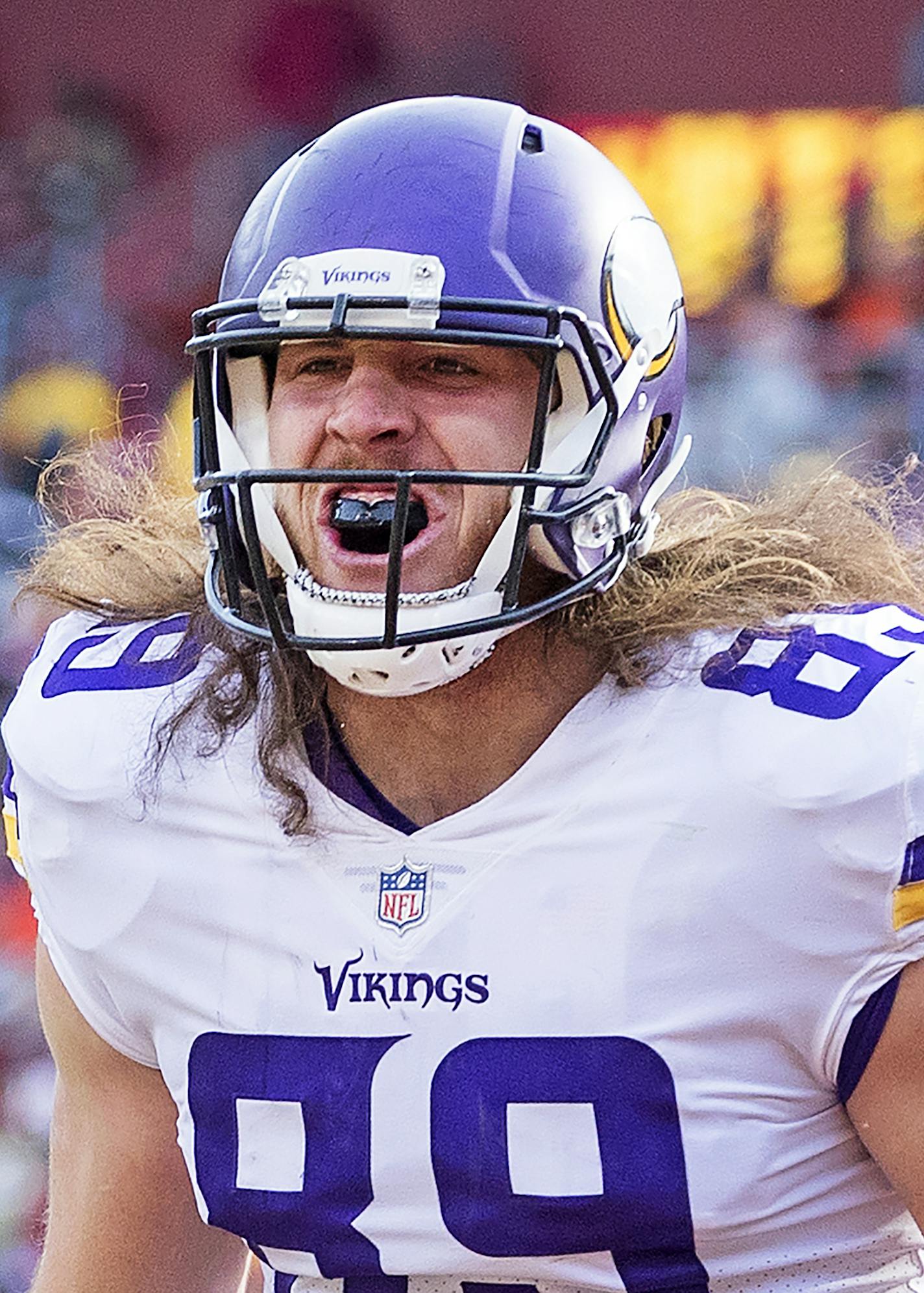 David Morgan (89) celebrated after catching a touchdown pass from Case Keenum in the second quarter. ] CARLOS GONZALEZ &#xef; cgonzalez@startribune.com - November 12, 2017, Landover, MD, FedEx Field, NFL, Minnesota Vikings vs. Washington Redskins. ORG XMIT: MIN1711121607271318 ORG XMIT: MIN1711131715091484