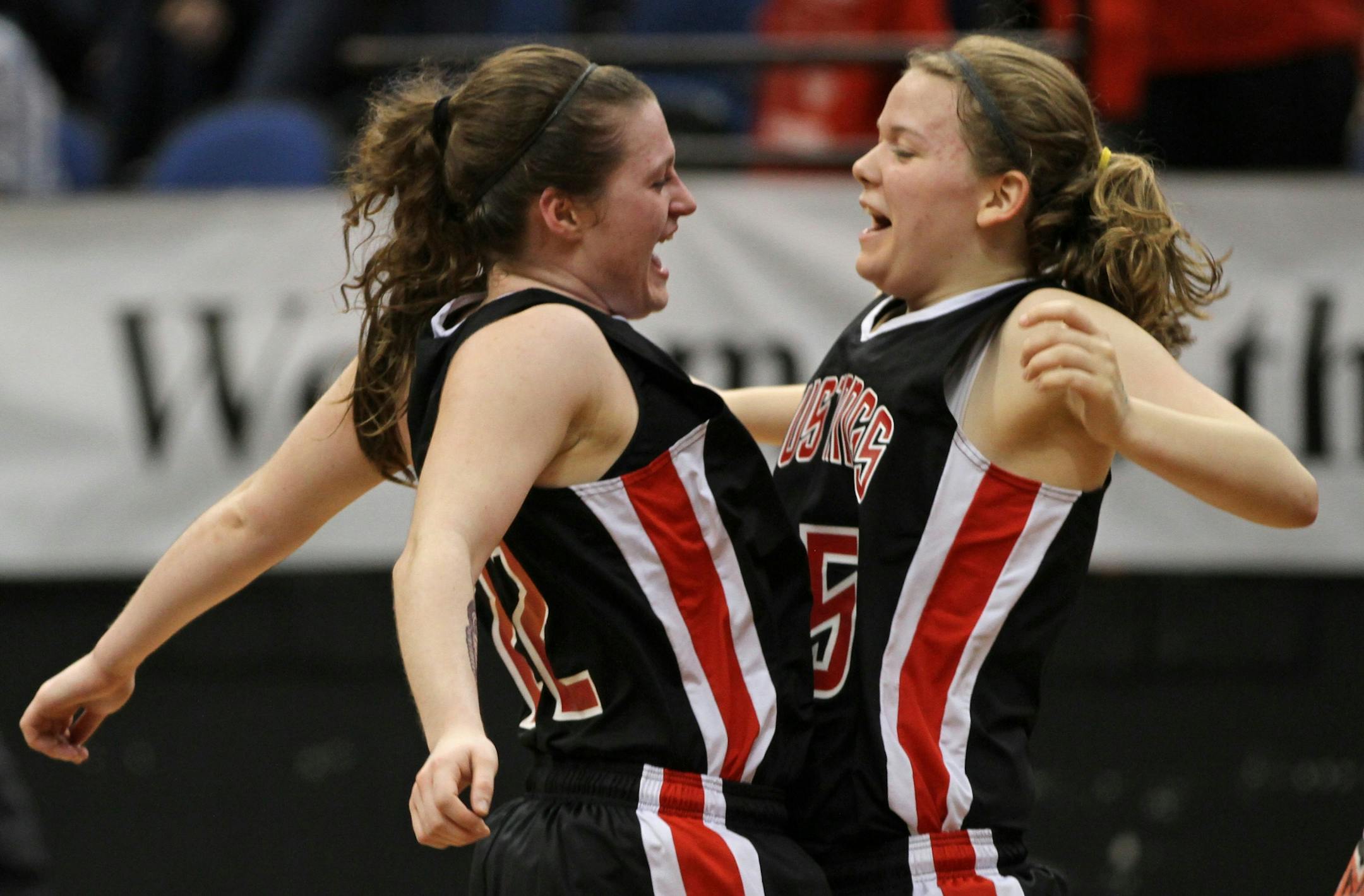 Maranatha's Alaina Jarnot and Mikayla Payne celebrated the Mustangs' Class A championship win. Bruce Bisping/Star Tribune bbisping@startribune.com