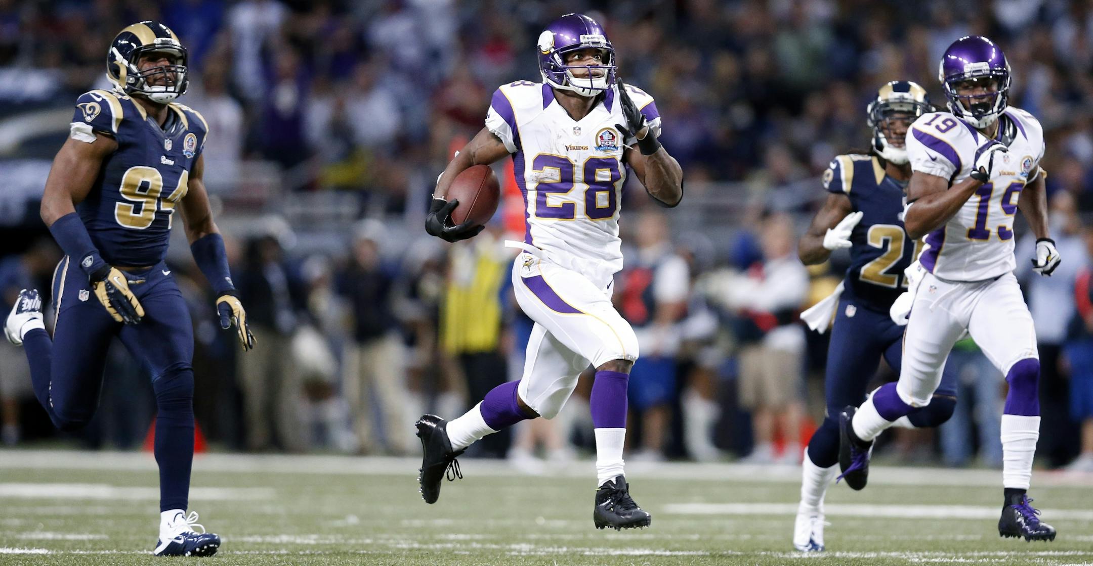 Vikings running back Adrian Peterson rushed for 212 yards and a touchdown to beat a St. Louis Rams team dedicated to stopping him.