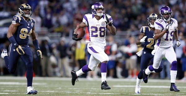Vikings running back Adrian Peterson rushed for 212 yards and a touchdown to beat a St. Louis Rams team dedicated to stopping him.