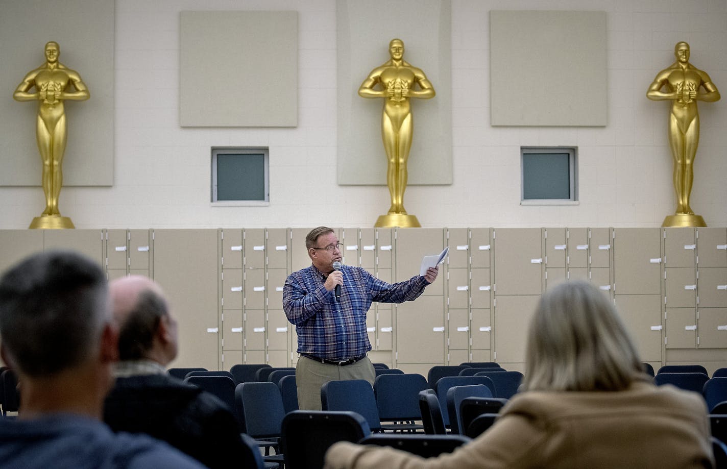 School Board Chair Brad Shaffer gave a presentation to a room with less than five residents and members of the school board regarding the school referendum in the Worthington High School band room, Monday, October 14, 2019 in Worthington, MN.