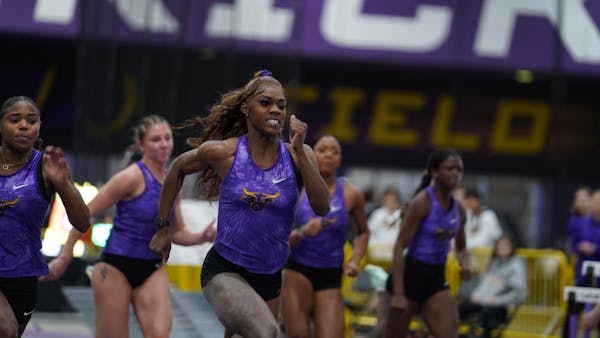The Mavericks' Denisha Cartwright, in front, is one of D-II's fastest in the 60-meter dash and 60 hurdles.