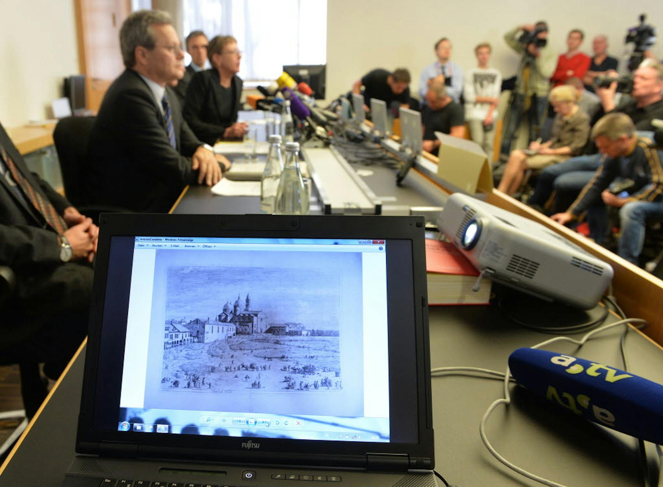 An artwork of Antonio Canaletto is shown on a computer screen during a news conference in Augsburg, southern Germany, Nov. 5, 2013, on the art found in Munich.