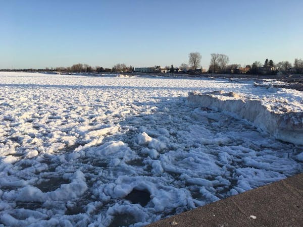 Duluth Police Department photo: Ice still lines the beach at Park Point in Duluth. On Saturday, several people had to be rescued when they fell throug