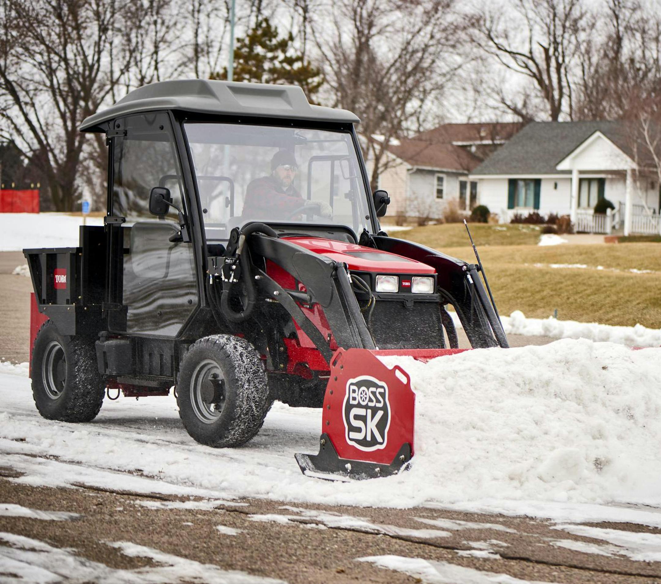 Toro's new Outcross vechicle, accepts a wide range of aftermarket add-on accessories that make it a four season vehicle, including snwoplows from Toro subsidiary Boss.