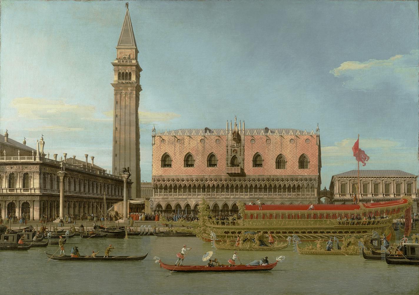 Canaletto's"The Bucintoro at the Molo on Ascension Day" (circa 1745) shows a huge ornate barge used to celebrate Venice's annual Ascension Day ceremony. In the background, his rendering of the famed Campanile tower of St. Marl's Basilica shows damage from a recent lightning strike.