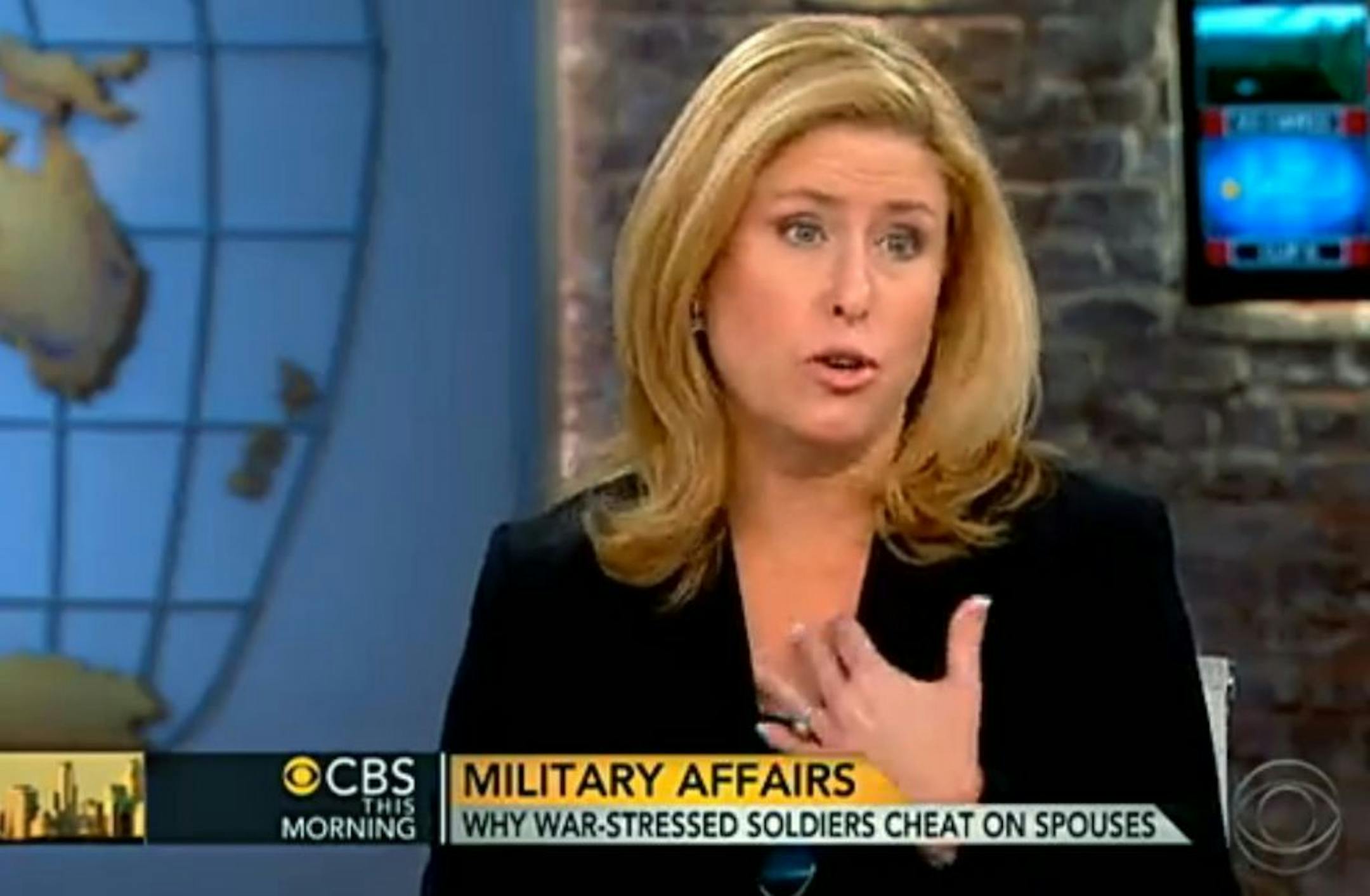 This still frame made from video provided by CBS "This Morning" on Tuesday, Nov. 20, 2012, shows Rebecca Sinclair, wife of Brig. Gen. Jeffrey Sinclair, during an interview with the television show. As Brig. Gen. Jeffrey Sinclair faces a string of sexual misconduct charges involving female officers, Rebecca Sinclair is seeking to stir a broader look at often taboo subjects in military marriages: adultery, the strain of separation and the stress of war. (AP Photo/CBS "This Morning") MANDATORY CRED