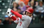 Los Angeles Angels' Shohei Ohtani at bat against the Baltimore Orioles in a baseball game, Saturday, May 11, 2019, in Baltimore. (AP Photo/Gail Burton