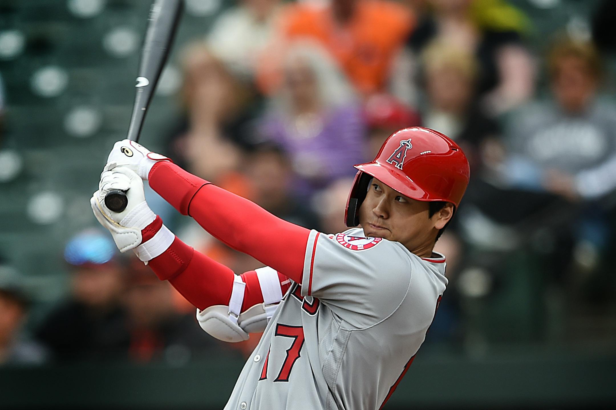 Los Angeles Angels' Shohei Ohtani at bat against the Baltimore Orioles in a baseball game, Saturday, May 11, 2019, in Baltimore. (AP Photo/Gail Burton)