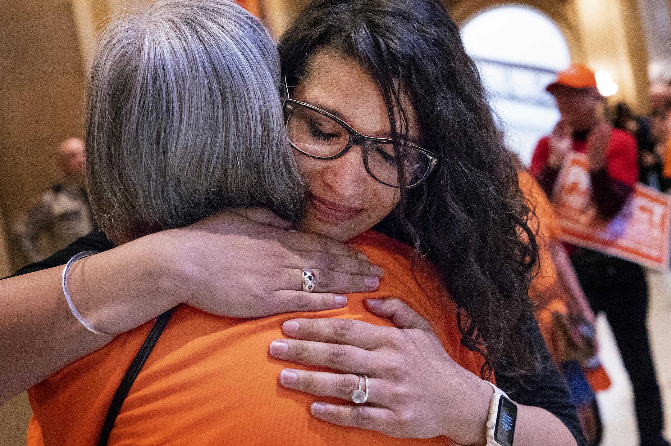 Rep. Erin Maye Quade of Apple Valley a DFL state lawmaker frustrated with the Minnesota Legislatureís inaction on gun control proposals was greeted by supporters after ending a 24-hour sit-in on the floor of the state House on Tuesday. ] CARLOS GONZALEZ ï cgonzalez@startribune.com ñ April 25, 2018, St. Paul, MN, Minnesota State Capitol, Rep. Erin Maye Quade of Apple Valley, 24-hour sit-in on the floor of the state House