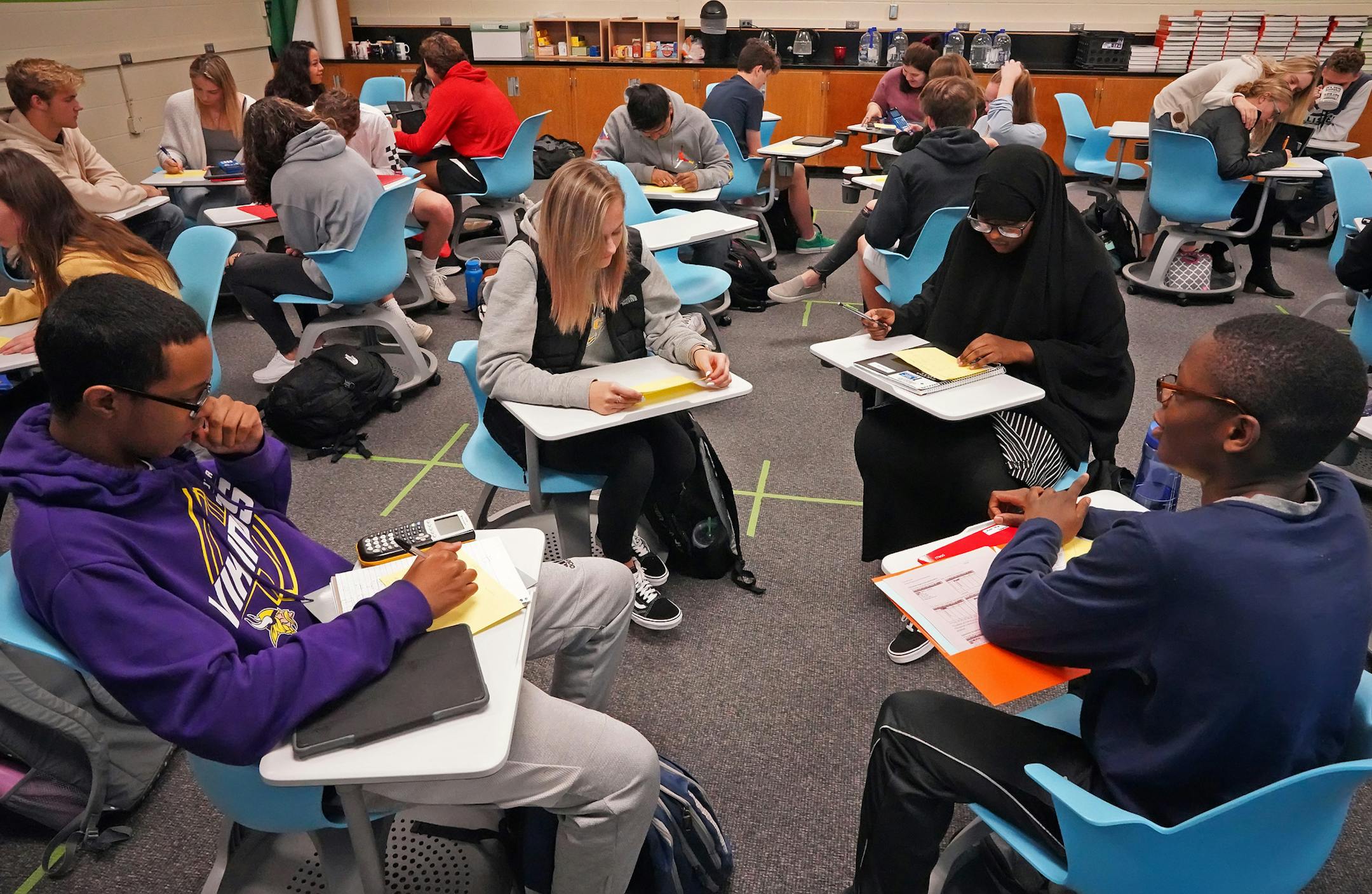 Apple Valley High School's pre-calculus class for 11-12th graders uses a Node desk classroom design with chairs on wheels for ultimate flexibility for working in groups or individually. Story is about declining math scores and what's changing in math education.
brian.peterson@startribune.com
Apple Valley, MN
Monday, October 8, 2019