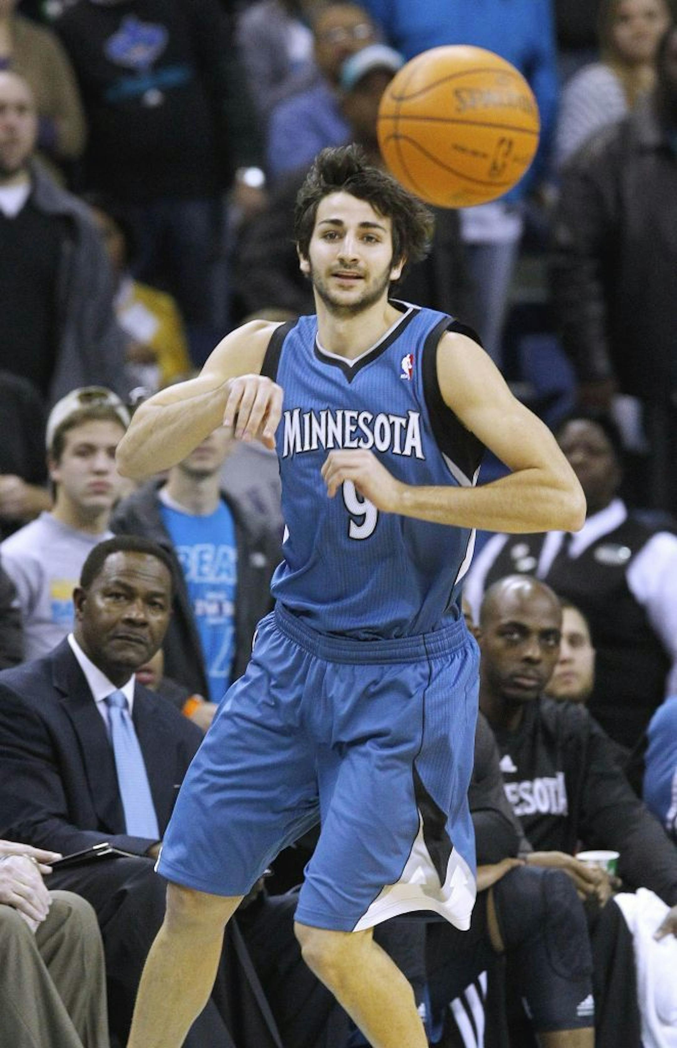 Minnesota Timberwolves point guard Ricky Rubio (9) passes the ball in the first half of an NBA basketball game against the New Orleans Hornets in New Orleans, Friday, Jan. 13, 2012.