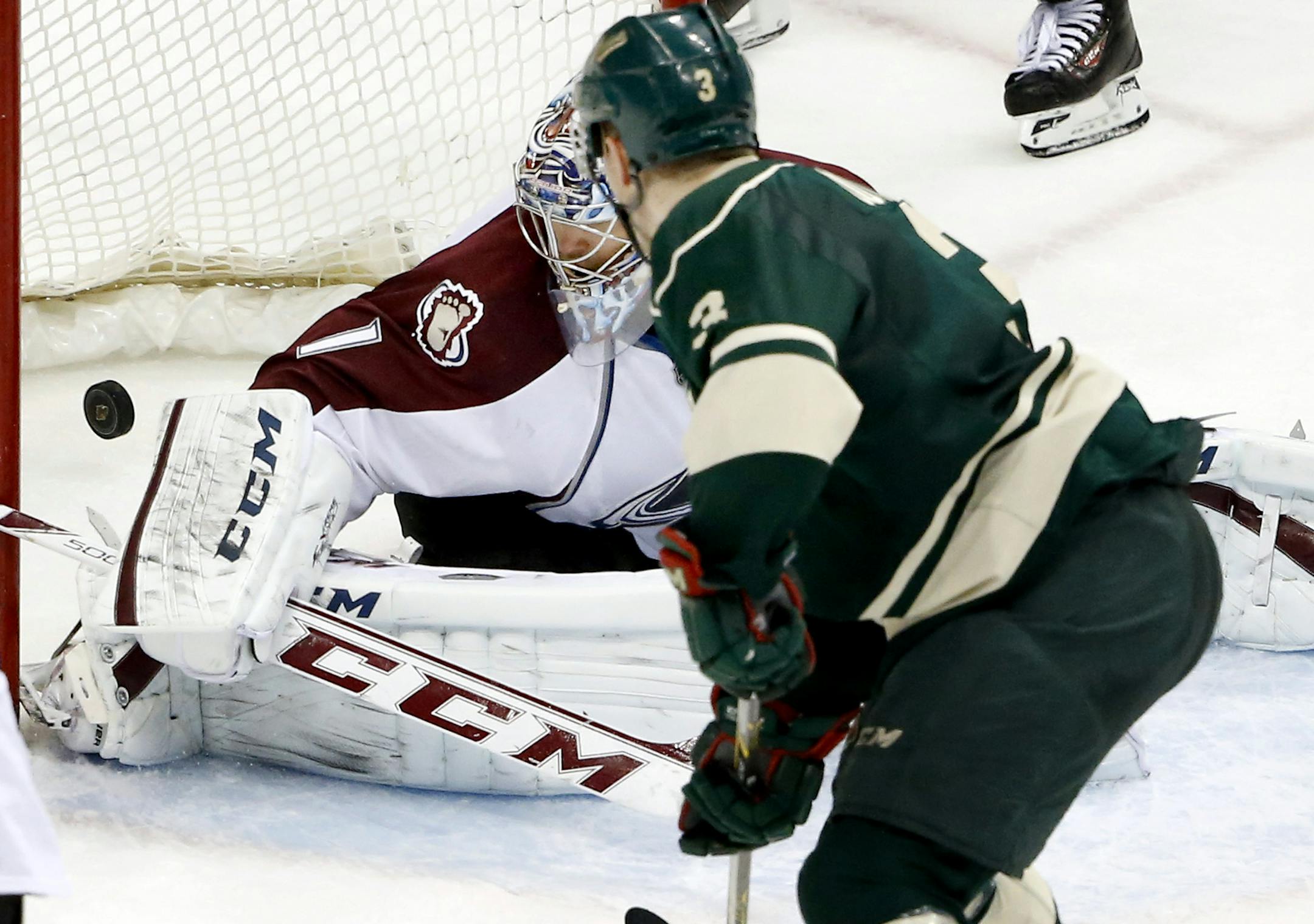 Charlie Coyle shot the puck past Colorado goalie Semyon Varlamov for a goal in the second period.