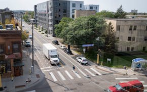 The view looking down N 10th Avenue toward N 3rd Street from N Washington Avenue in Minneapolis in 2023. The Blue Line LRT extension will connect down