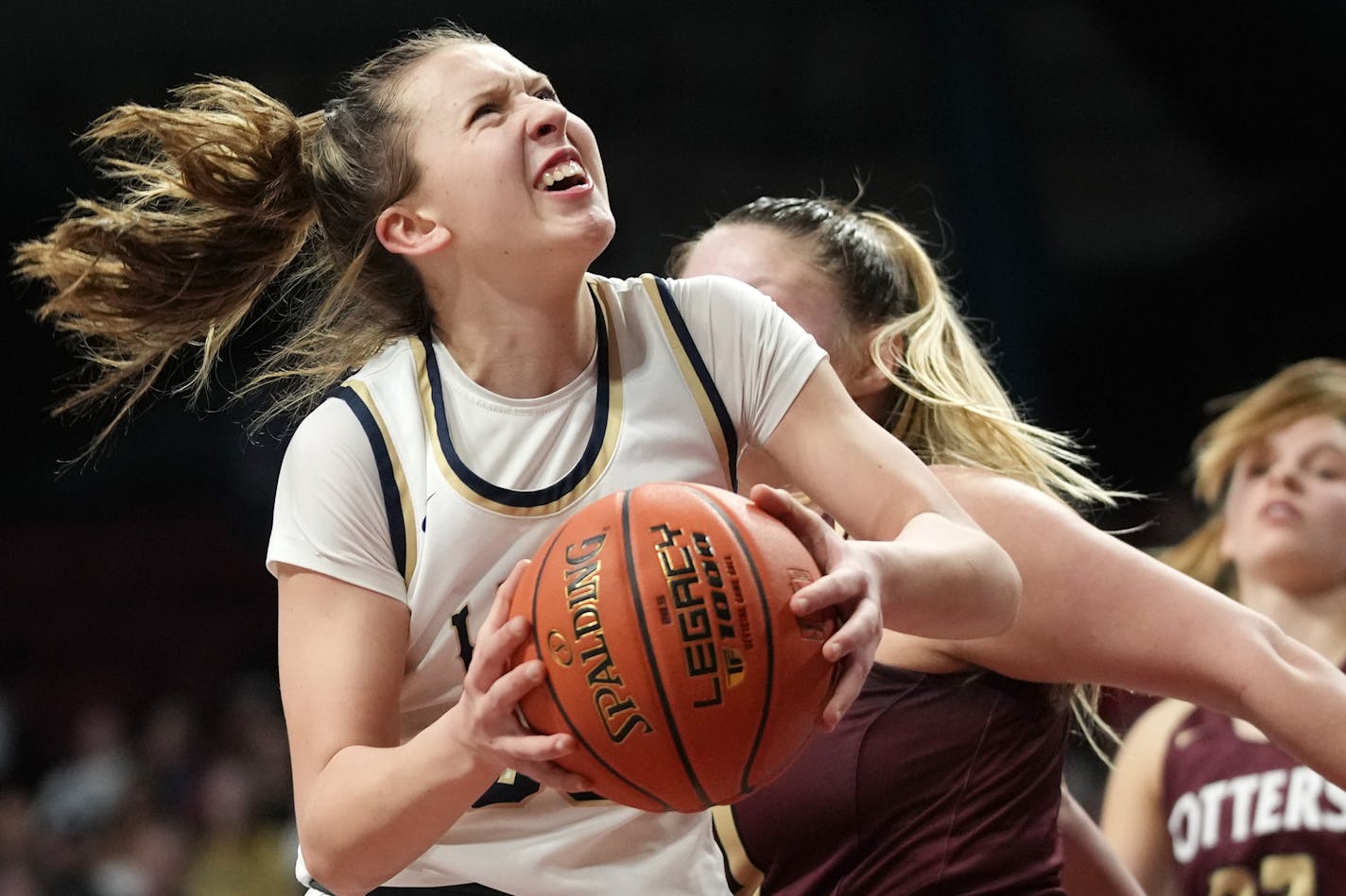 Providence Academy guard Maddyn Greenway (30) drives to the basket in the second half of the MSHSL girls basketball Class 2A state championship game between Providence Academy and Fergus Falls Saturday, March 19, 2022 at Williams Arena in Minneapolis. ] ANTHONY SOUFFLE • anthony.souffle@startribune.com ORG XMIT: MIN2203191619330078