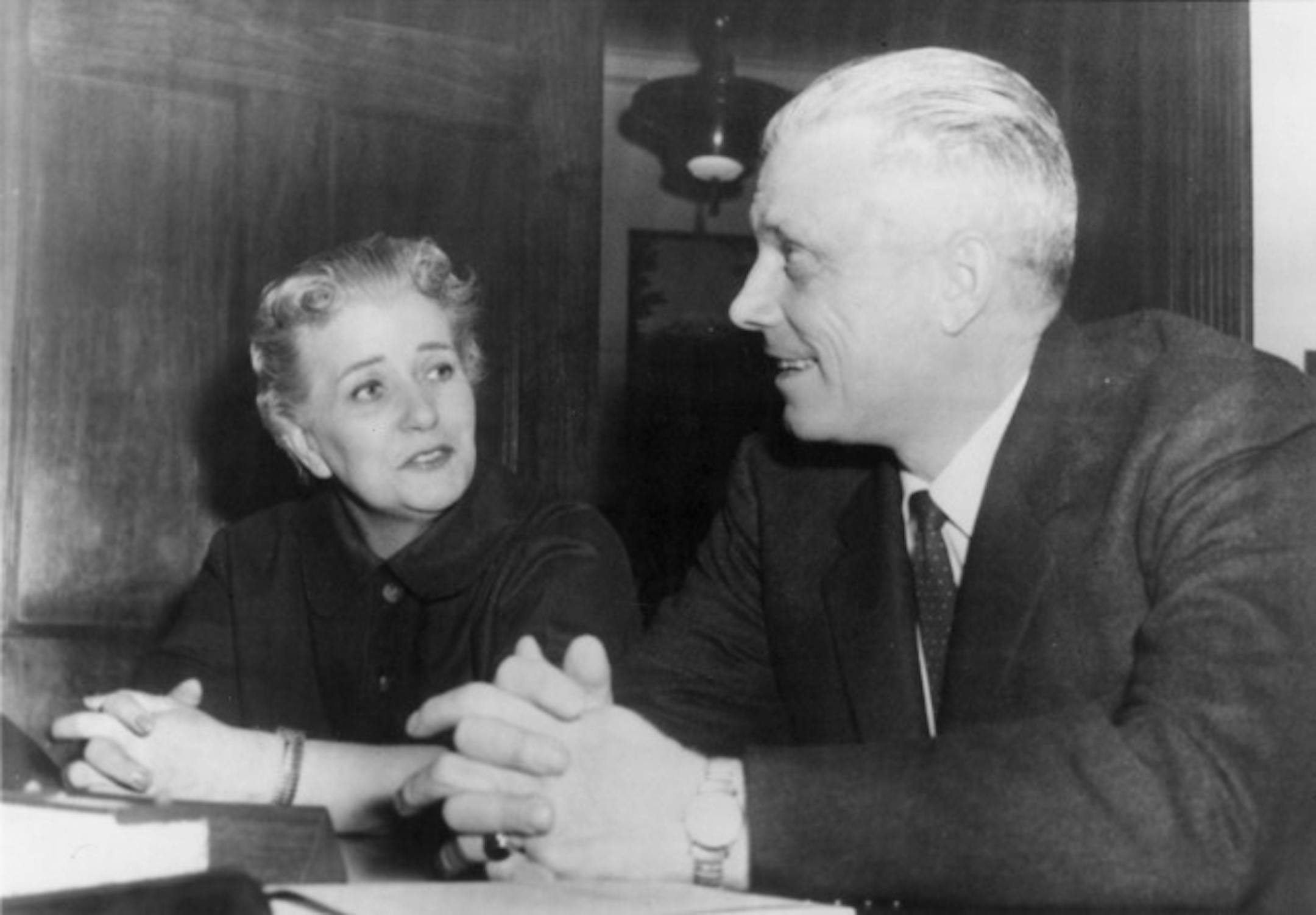 Former Rep. Coya Knutson, left, with her husband Andy, right, wait in 1958 to testify before a U.S. House Committee looking into Coya's defeat in her bid for reelection.