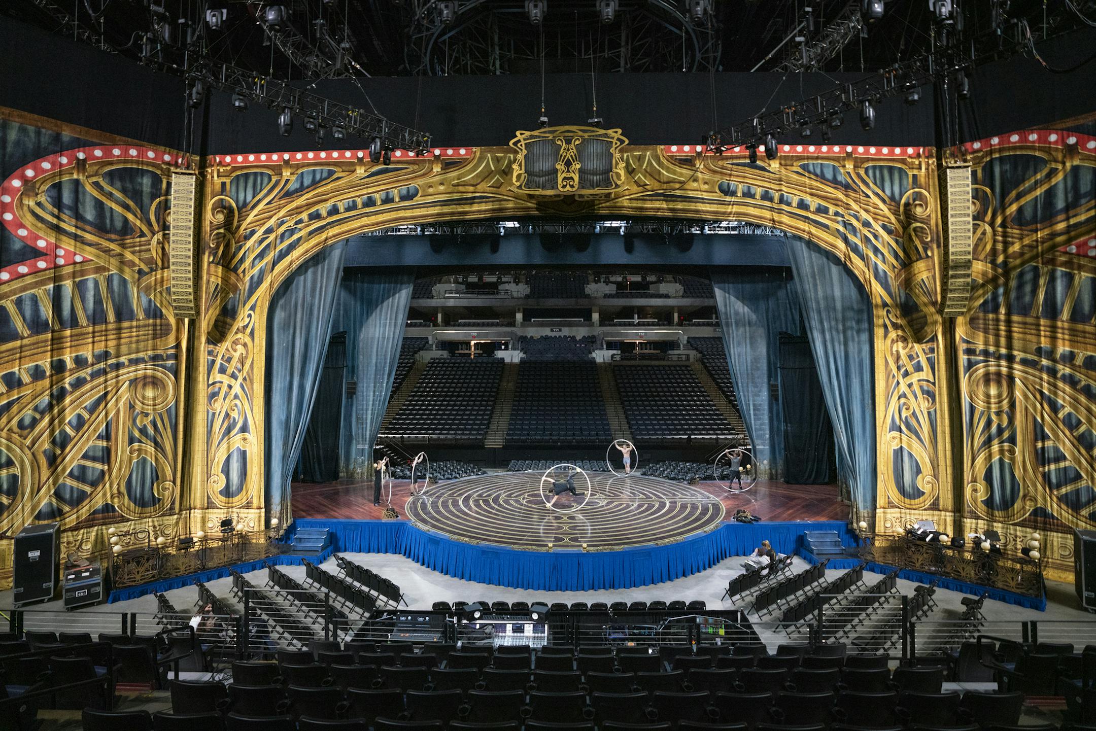 Performers in Cirque de Soleil's production "Corteo" rehearsed on the Cyr wheel. The cast includes 51 acrobats, musicians, and actors from all around the world.