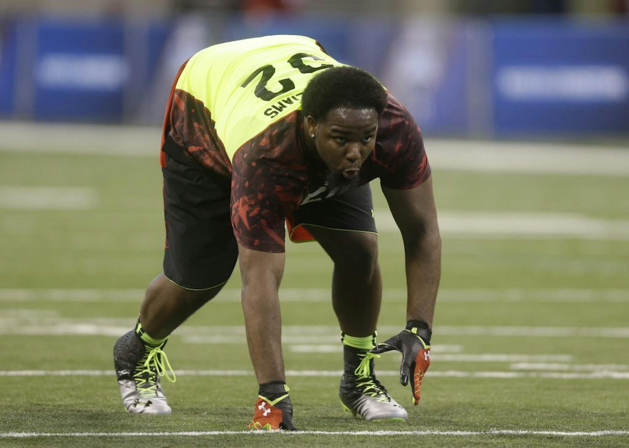 North Carolina defensive lineman Sylvester Williams runs a drill during the NFL football scouting combine in Indianapolis, Monday, Feb. 25, 2013.