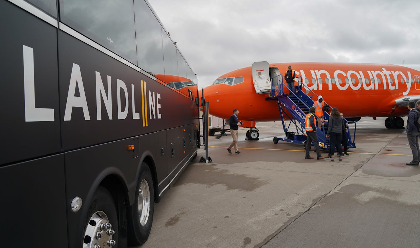 Sun Country Airlines showed off its new design for the exterior of its planes, its new partnership with Landline and new headquarters built in a former hangar. ] GLEN STUBBE &#x2022; glen.stubbe@startribune.com Tuesday, October 15, 2019 Sun Country Airlines media day, to include Q&A with CEO jude bricker, update on its new technology system and partnership announcements. Visuals: tour of its new headquarters/office in a renovated airport hangar PLUS outdoor shots of the new aircraft livery (pain