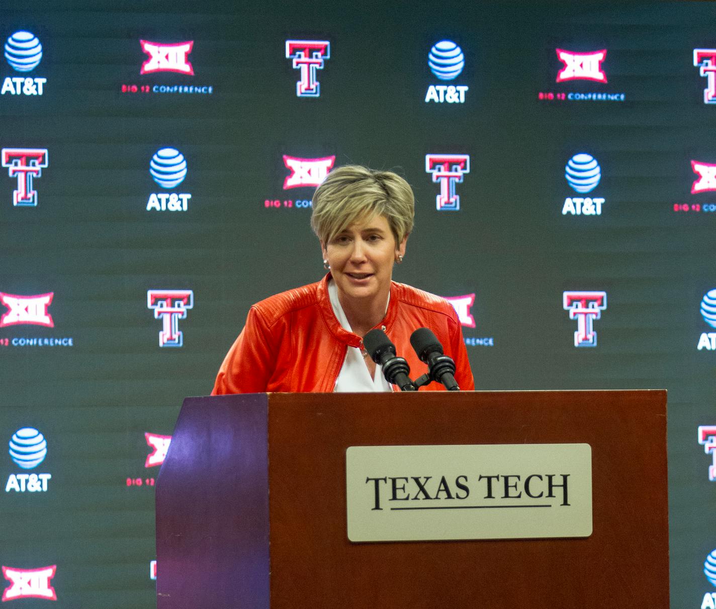 New Texas Tech women's basketball coach Marlene Stollings answers questions from the media on Wednesday at United Supermarkets Arena