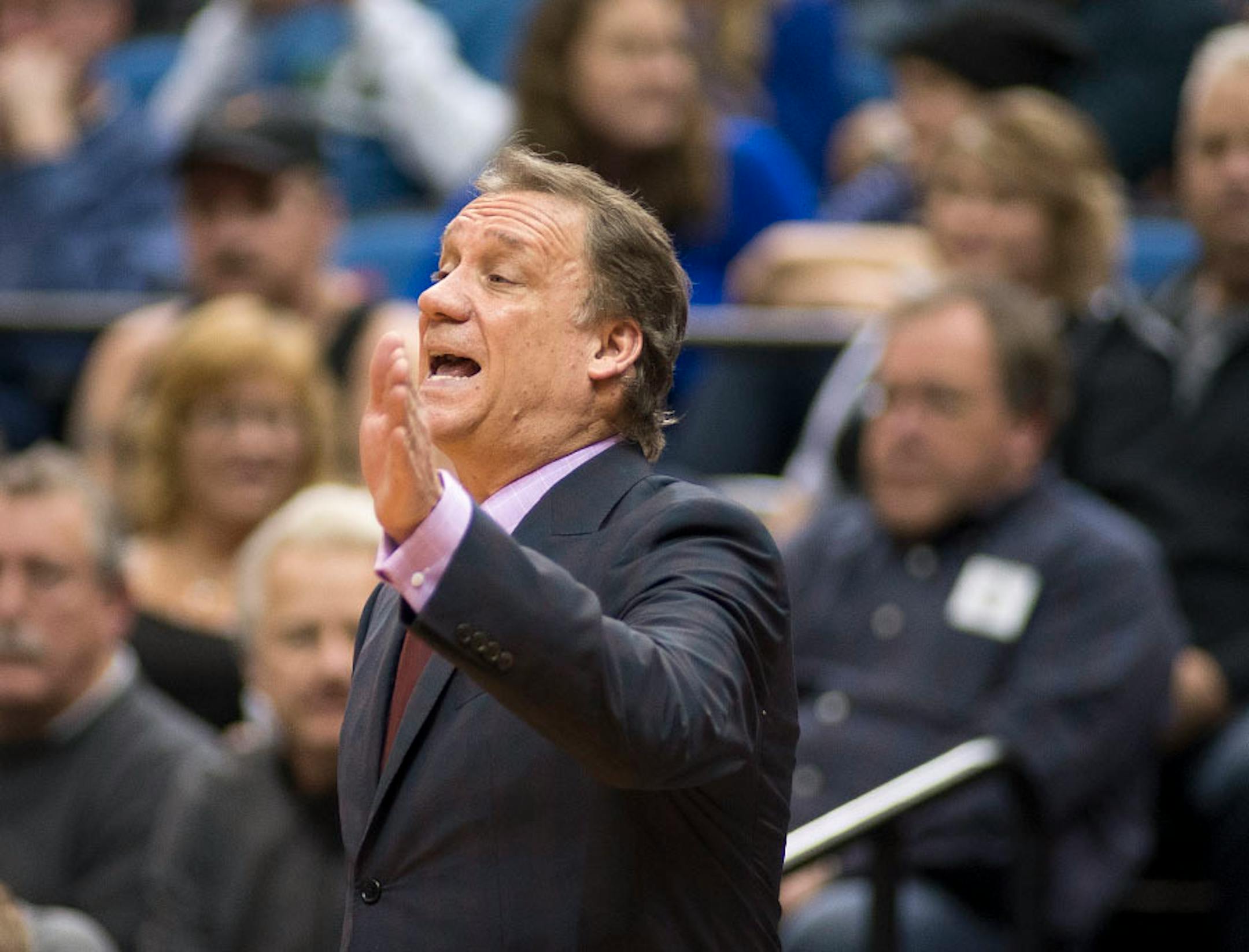 Minnesota Timberwolves head coach Flip Saunders yelled out to guard Kevin Martin (23) after he was called for traveling in a game against the Memphis Grizzlies on Feb. 6, 2015.