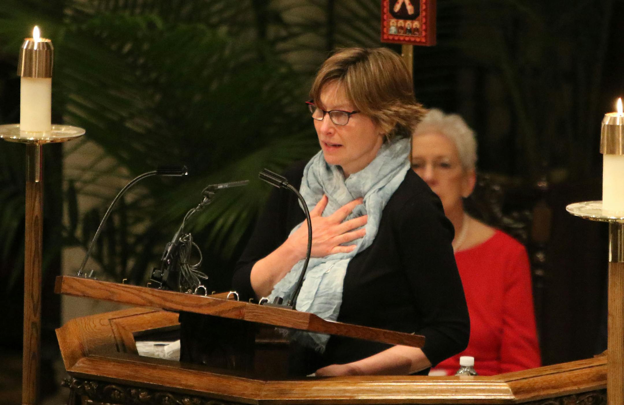 Julie Sabo, daughter of Martin Olav Sabo, the former Minnesota Congressman, pauses while delivering a remembrance for her father during funeral services for Sabo Saturday, March 19, 2016, at Central Lutheran Church in downtown Minneapolis, MN.](DAVID JOLES/STARTRIBUNE)djoles@startribune.com Funeral for former Minnesota Congressman Martin Olav Sabo Saturday, March 19, 2016, at Central Lutheran Church in downtown Minneapolis, MN.