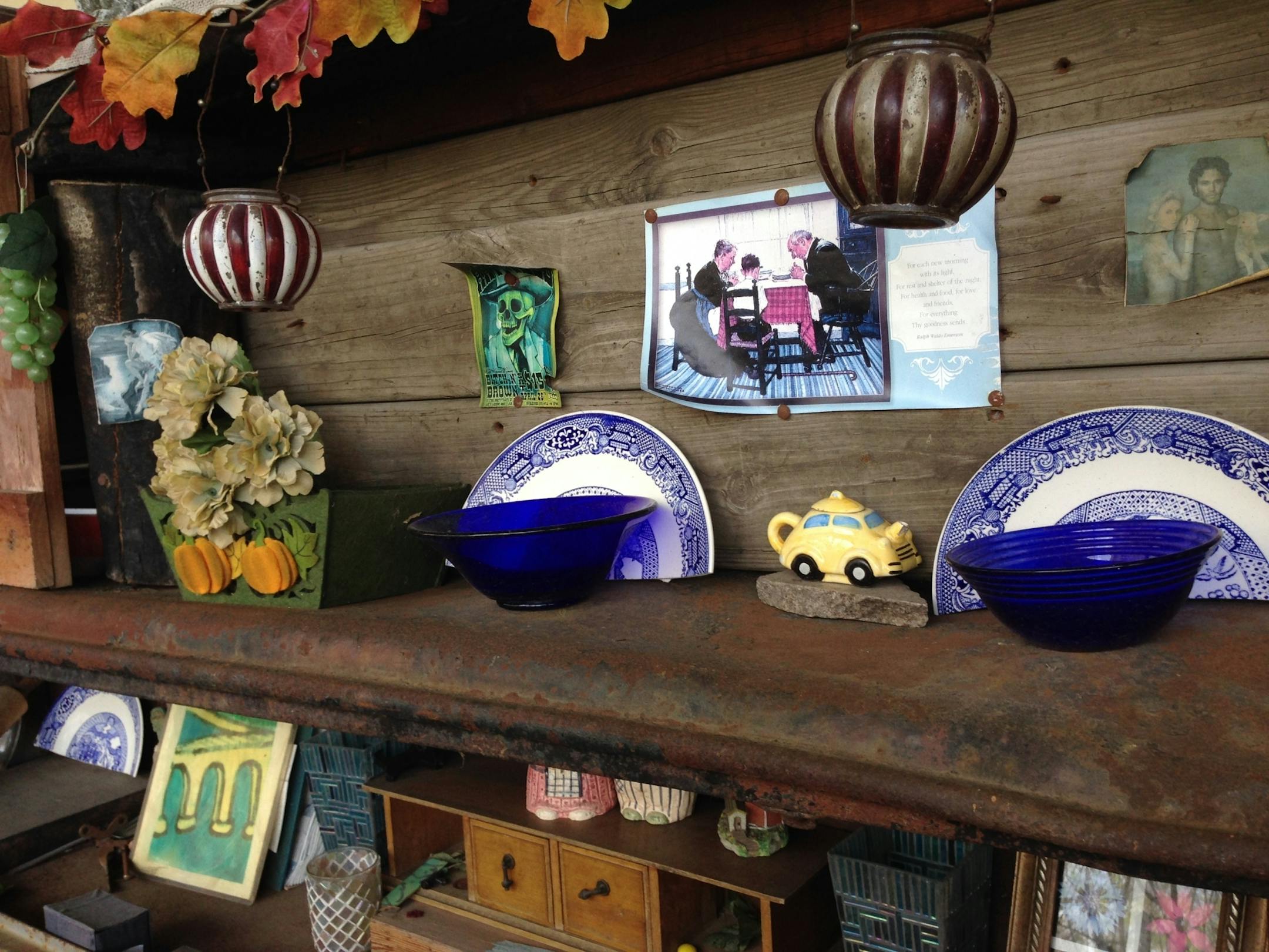 A still life in crockery and glass occupies one of the outdoor rooms at Chester's encampment.