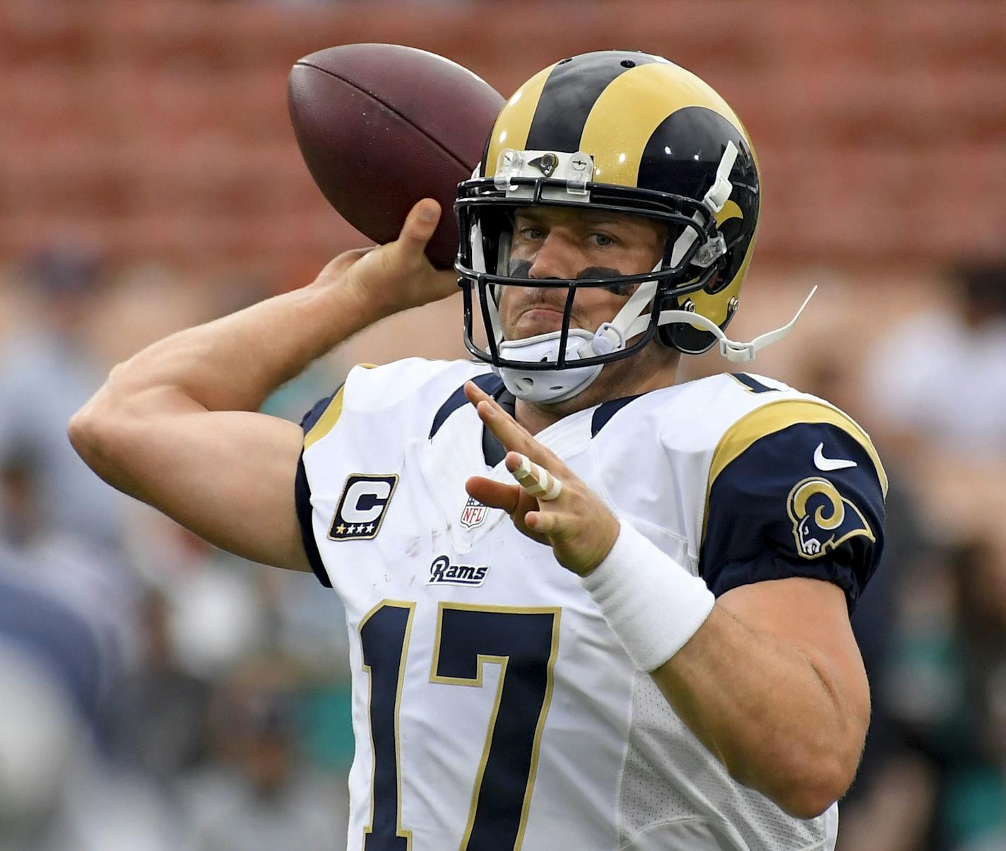 Los Angeles Rams quarterback Case Keenum warms up before an NFL football game against the Miami Dolphins Sunday, Nov. 20, 2016, in Los Angeles. (AP Photo/Mark J. Terrill) ORG XMIT: OTKCC3466