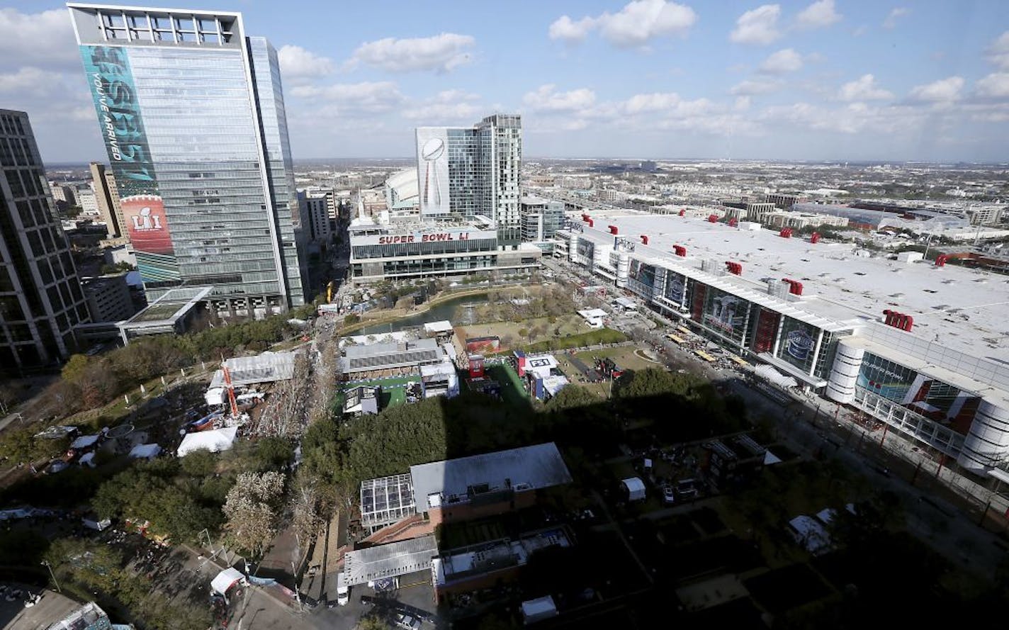 A general view of Super Bowl Live and the George R. Brown Convention Center, Wednesday, Feb. 1, 2017 in Houston.