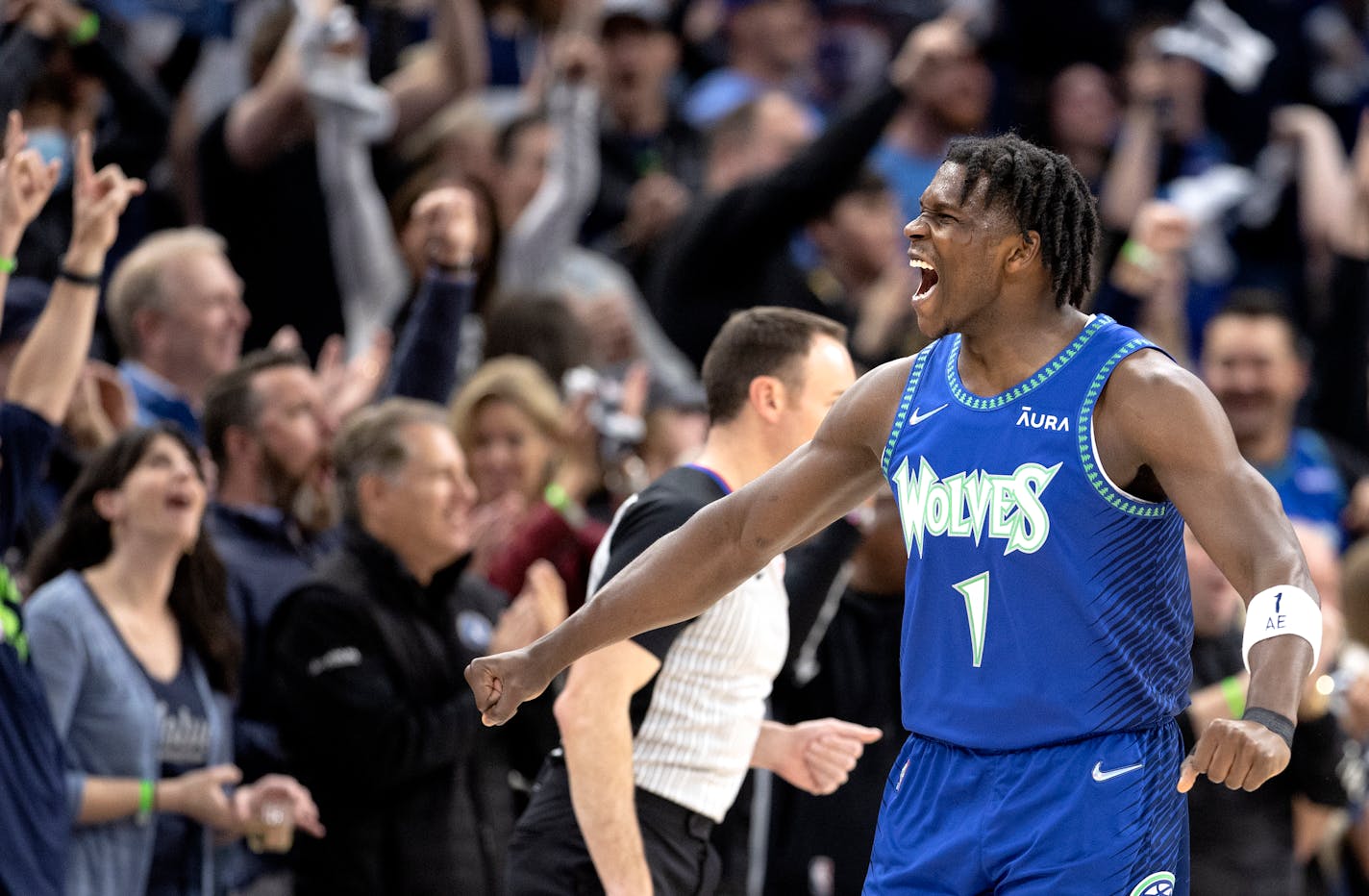 Anthony Edwards (1) of the Minnesota Timberwolves celebrates after a basket in the first quarter of game 3 playoffs round one Thursday, April 21, at Target Center in Minneapolis, Minn. ] CARLOS GONZALEZ • carlos.gonzalez@startribune.com