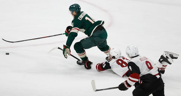 The Wild’s Joel Eriksson Ek alluded Phil Kessel of the Coyotes resulting in the Wild’s fourth goal.