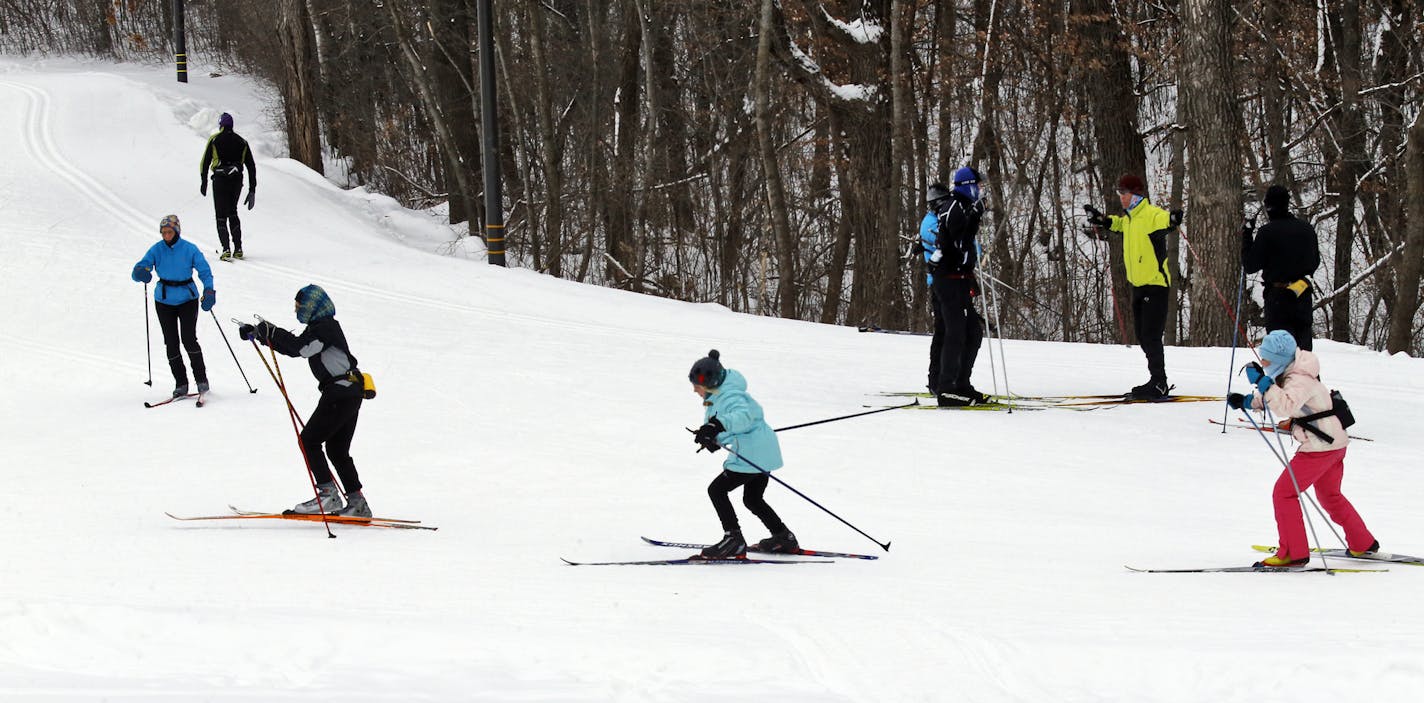 Cross country skiing on recently produced artificial snow at Hyland Lake Park Preserve. (Note: No snow making done Sunday afternoon.) (MARLIN LEVISON/STARTRIBUNE(mlevison@startribune.com)