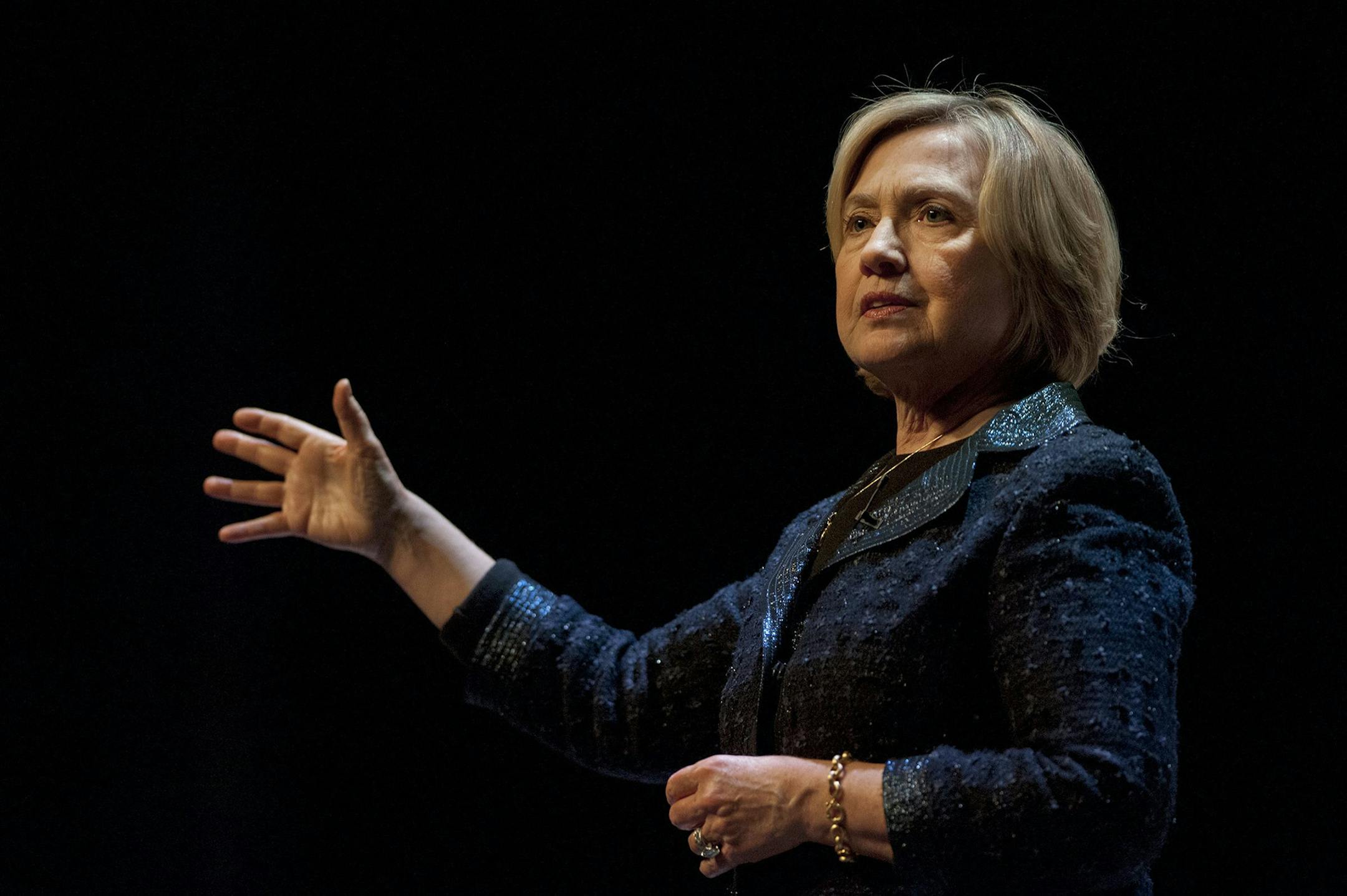 Former U.S. Secretary of State Hillary Rodham Clinton speaks to a crowd in Saskatoon, Saskatchewan on Wednesday, Jan. 21, 2015. (AP Photo/The Canadian Press, Liam Richards) ORG XMIT: MIN2015030313095689