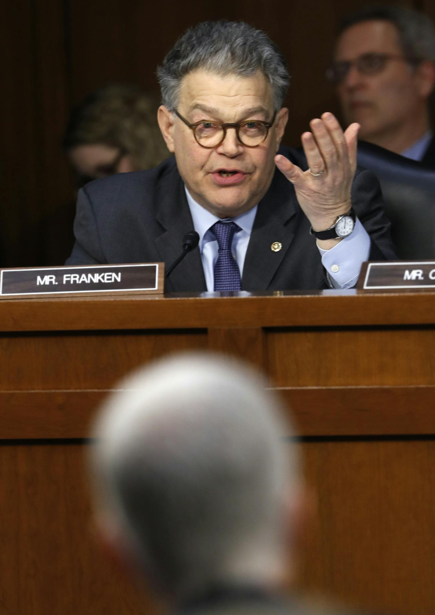 Senate Judiciary Committee member Sen. Al Franken, D-Minn. speaks on Capitol Hill in Washington, Tuesday, March 21, 2017, during the committee's confirmation hearing for Supreme Court Justice nominee Neil Gorsuch, foreground. (AP Photo/Pablo Martinez Monsivais)