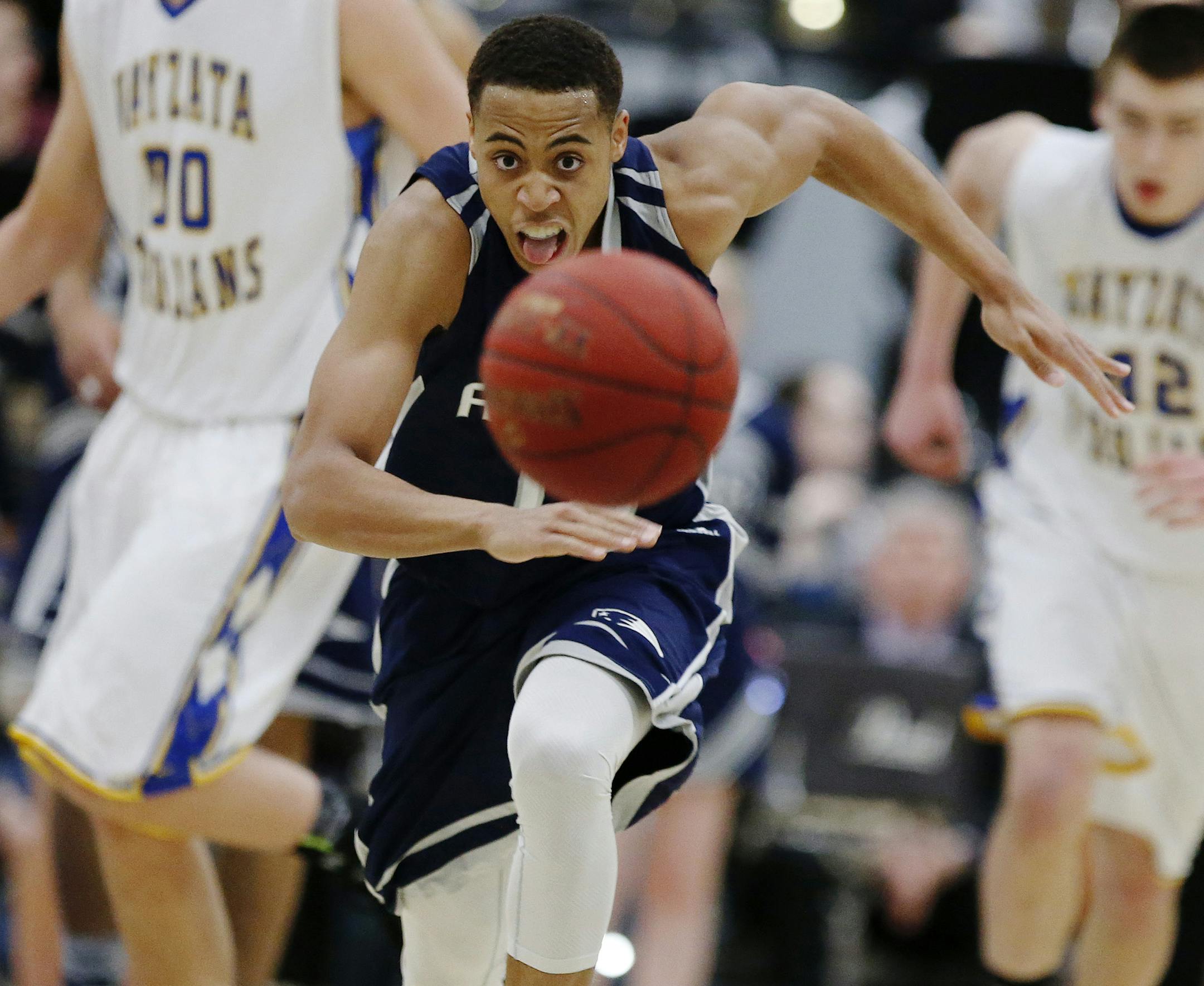 Champlin Park High's JT Gibson heads upcourt with a steal in the first half of their game with Wayzata High in the Class 4A, Section 5 boys' basketball section final at Rogers High School Friday, March 6, 2015, in Rogers, MN.](DAVID JOLES/STARTRIBUNE)djoles@startribune.com Class 4A, Section 5 boys' basketball section final at Roger High School Friday, March 6, 2015, in Rogers, MN.
