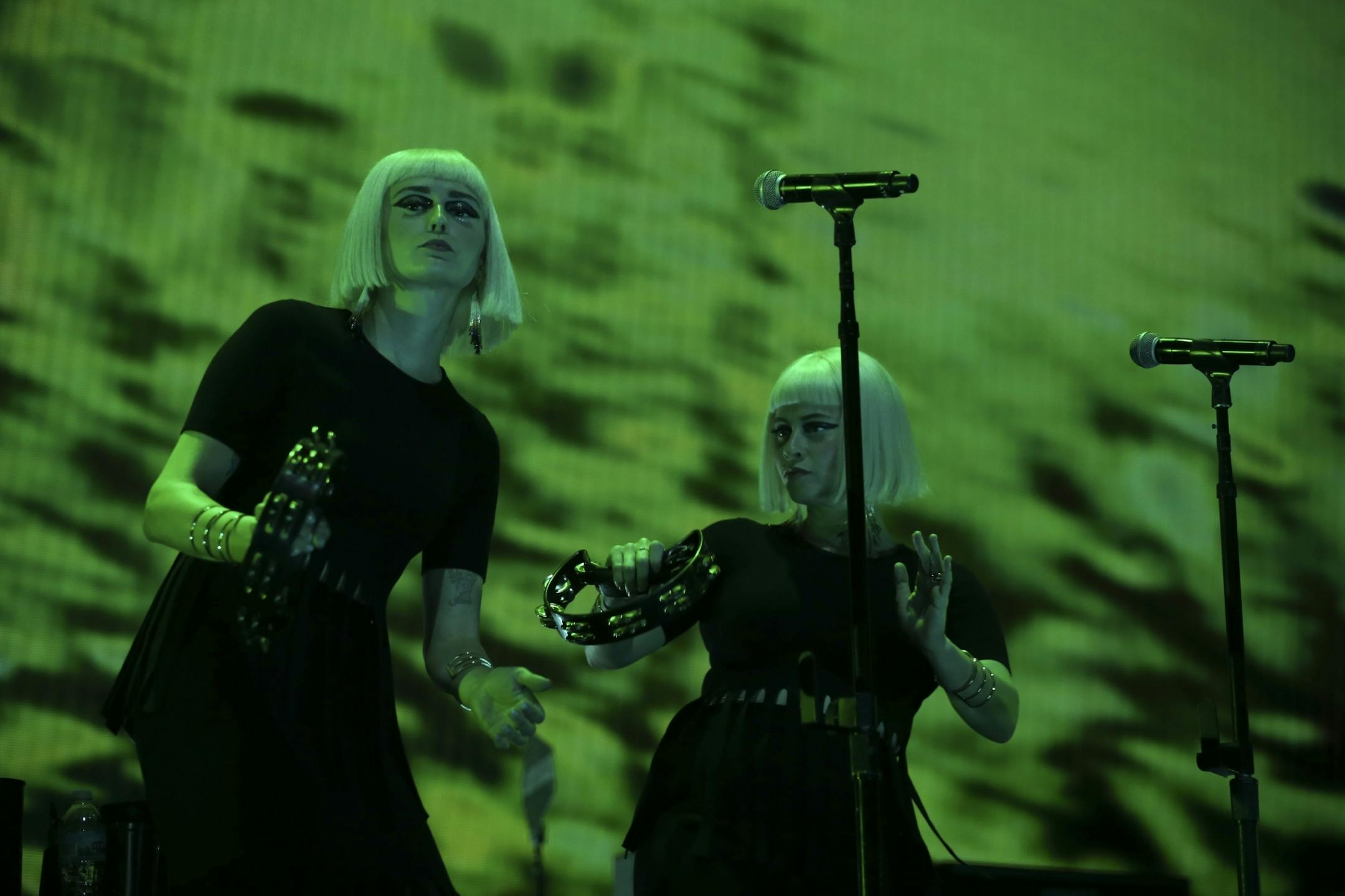 Holly Laessig, left, and Jess Wolfe of Lucius sang backup vocals for Roger Waters as they performed "One of These Days" early in his set Wednesday night at Xcel Energy Center in St. Paul.