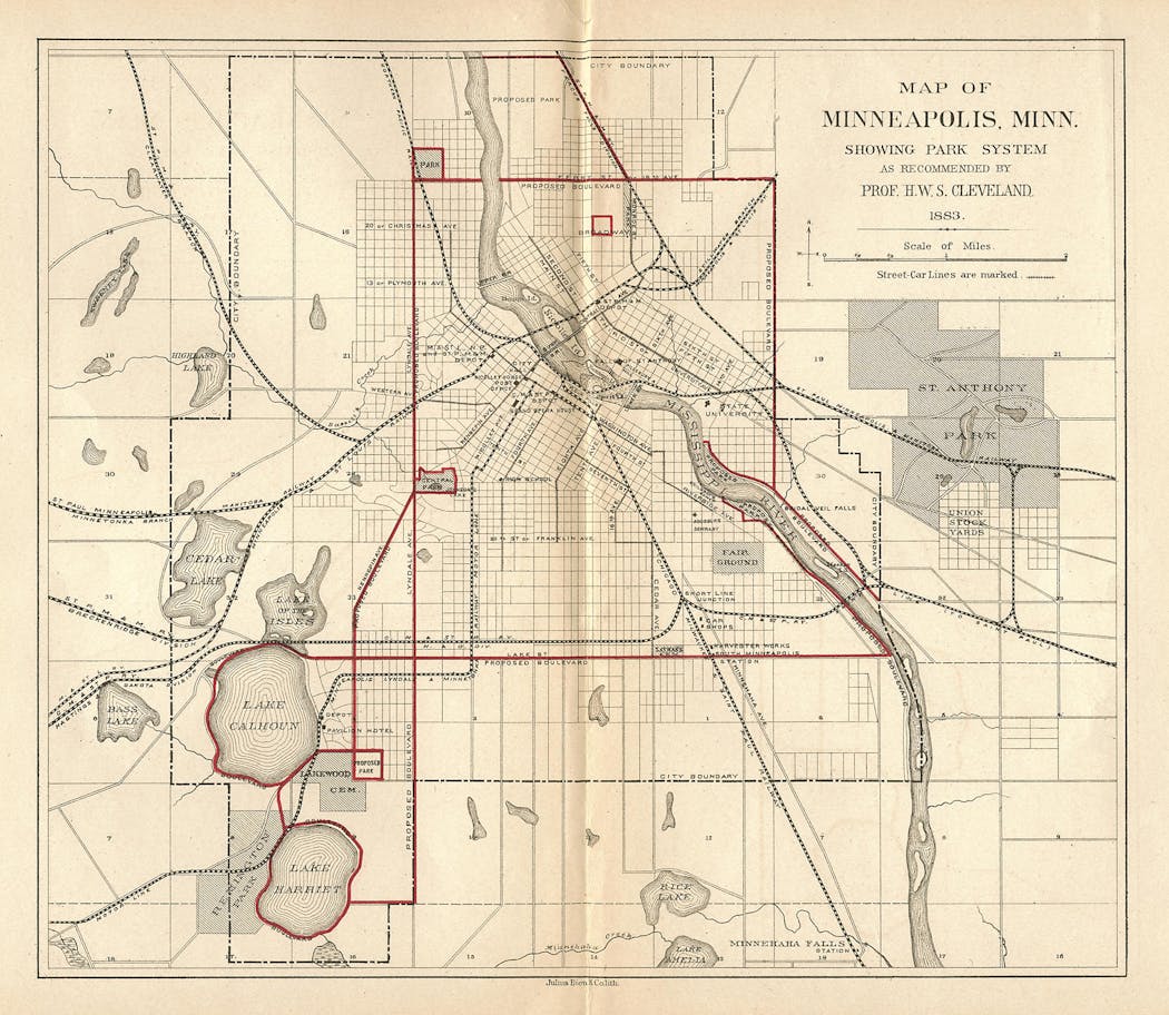 This 1883 map outlines Horace Cleveland's original plan for parks and parkways, showing Lake Street, Lyndale Avenue and 26th Avenue N. as boulevards surrounding the city and connecting new parks.