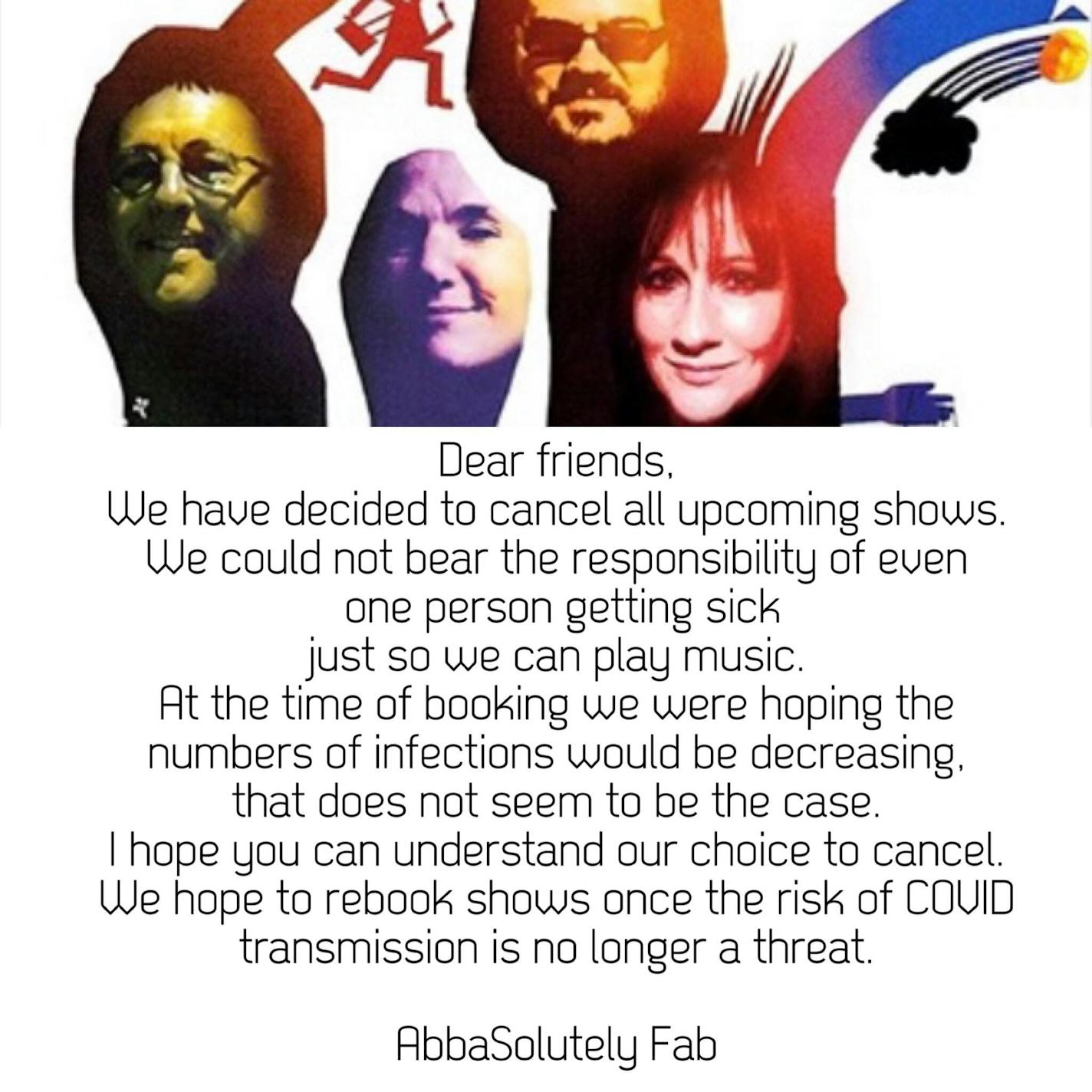 Members of ABBAsolutely Fab posted this apology after choosing to cancel their recent shows at Chanhassen Dinner Theatres.